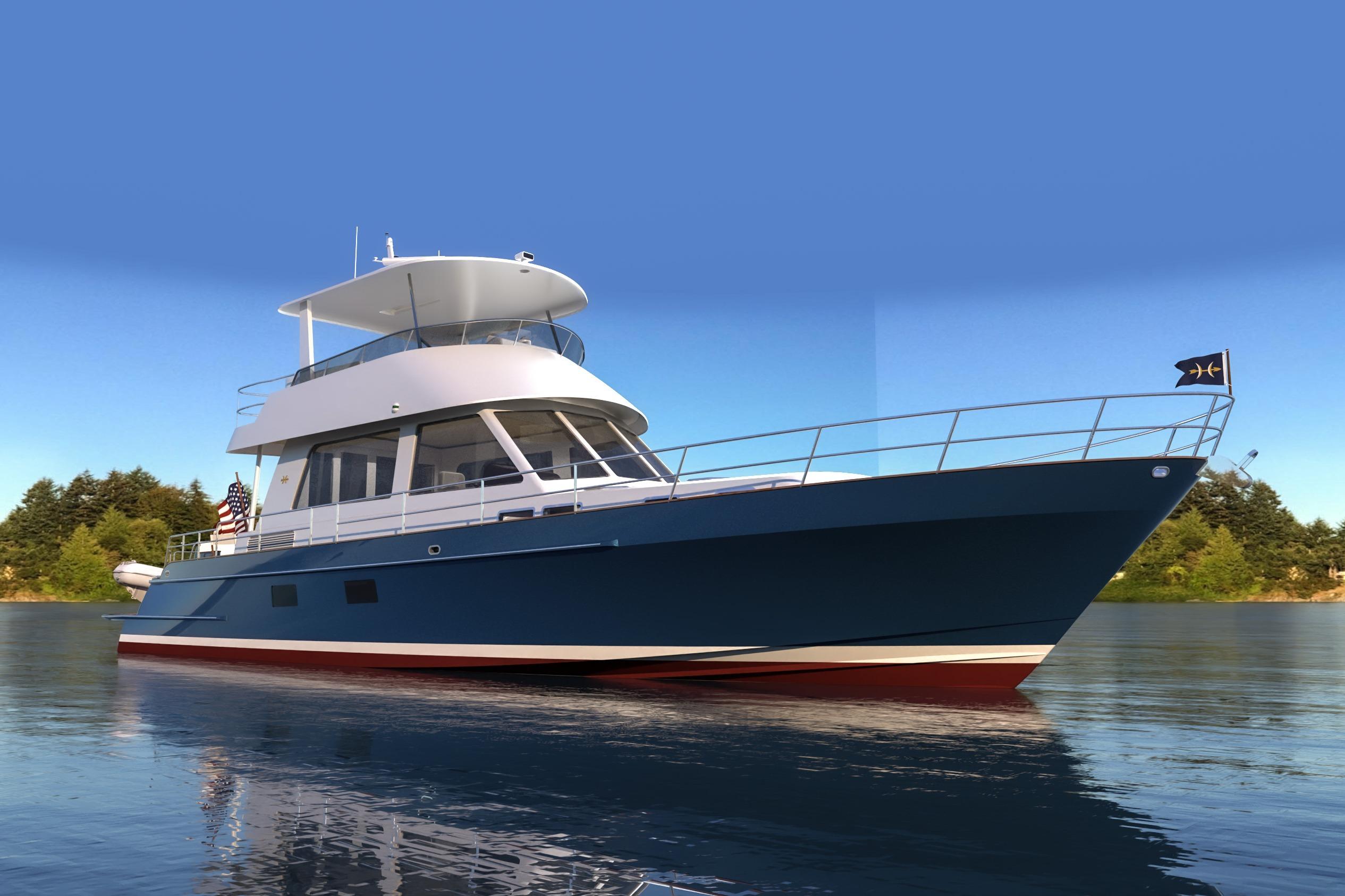 2027 Hunt Yachts 56 Ocean Flybridge cruising on calm waters under clear blue skies.