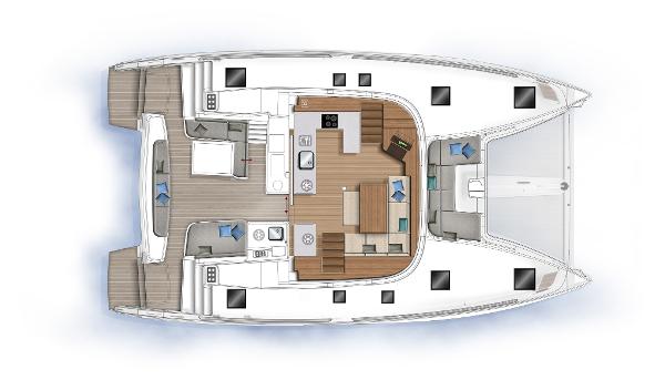 Top view of 2025 Lagoon 46 ICONIC catamaran layout, featuring spacious interior and deck design.