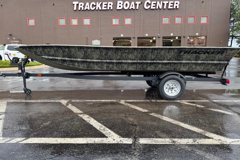 2026 Tracker Grizzly 1648 Utility boat on trailer at Tracker Boat Center.