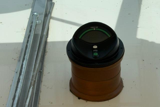 Compass on 1980 Chris-Craft 381 Catalina boat deck, close-up view.