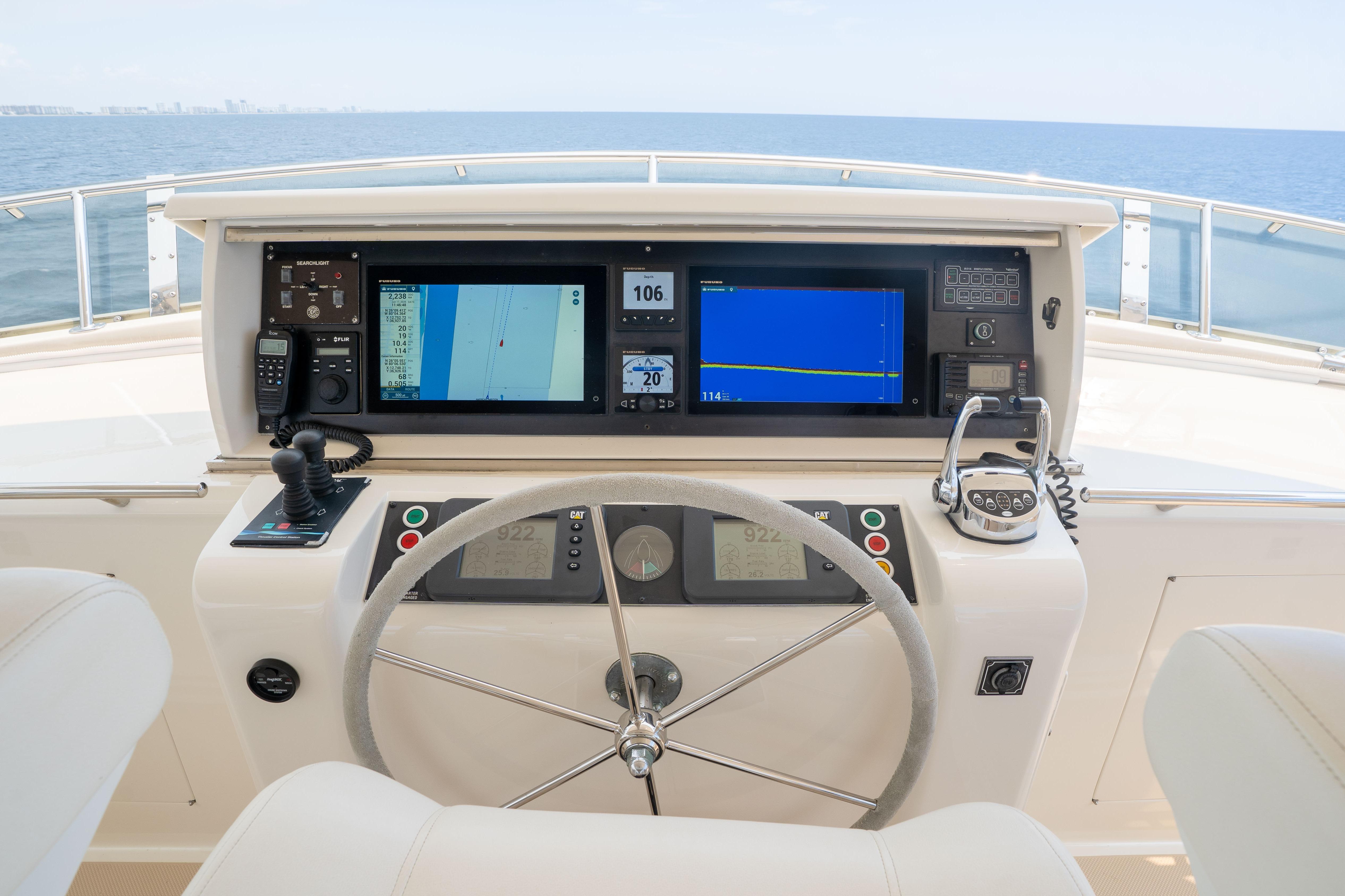 Steering console of a 2006 Fleming 75 yacht with navigation screens and controls.
