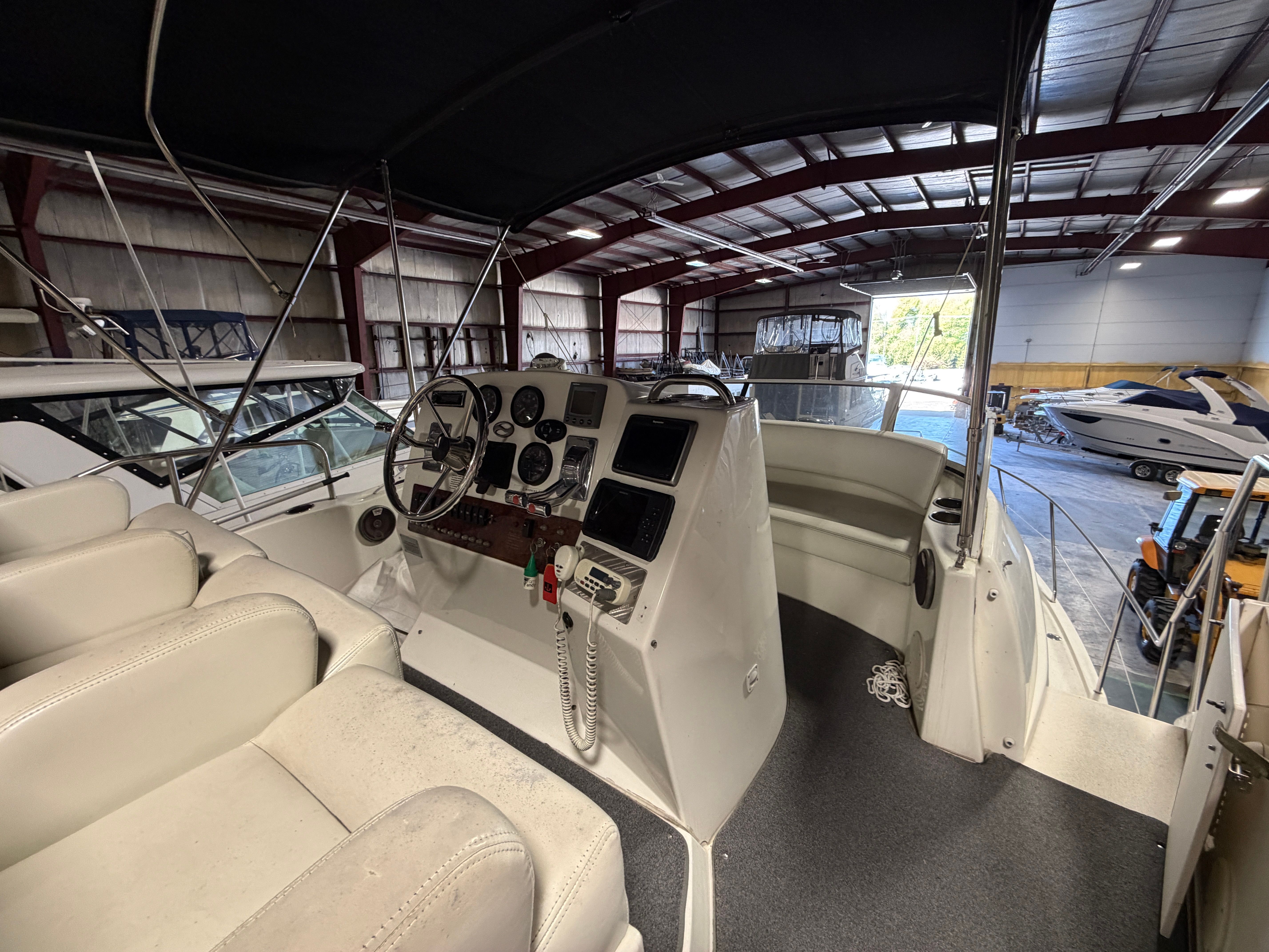 Interior view of a 2001 Silverton 351 Sedan yacht in storage.