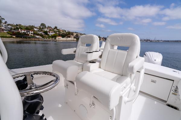 Luxury seating on a 2025 Regulator 28 boat.