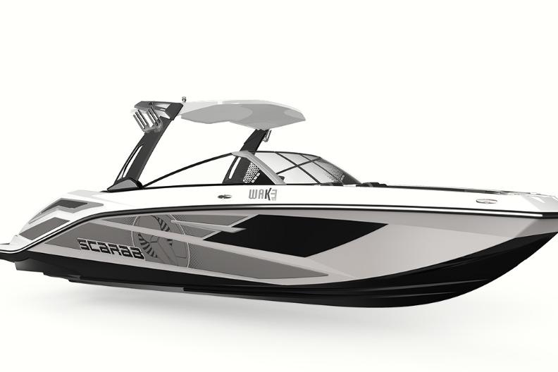 2026 Scarab 285 LX Wake boat, sleek design, white and black color scheme, side view.