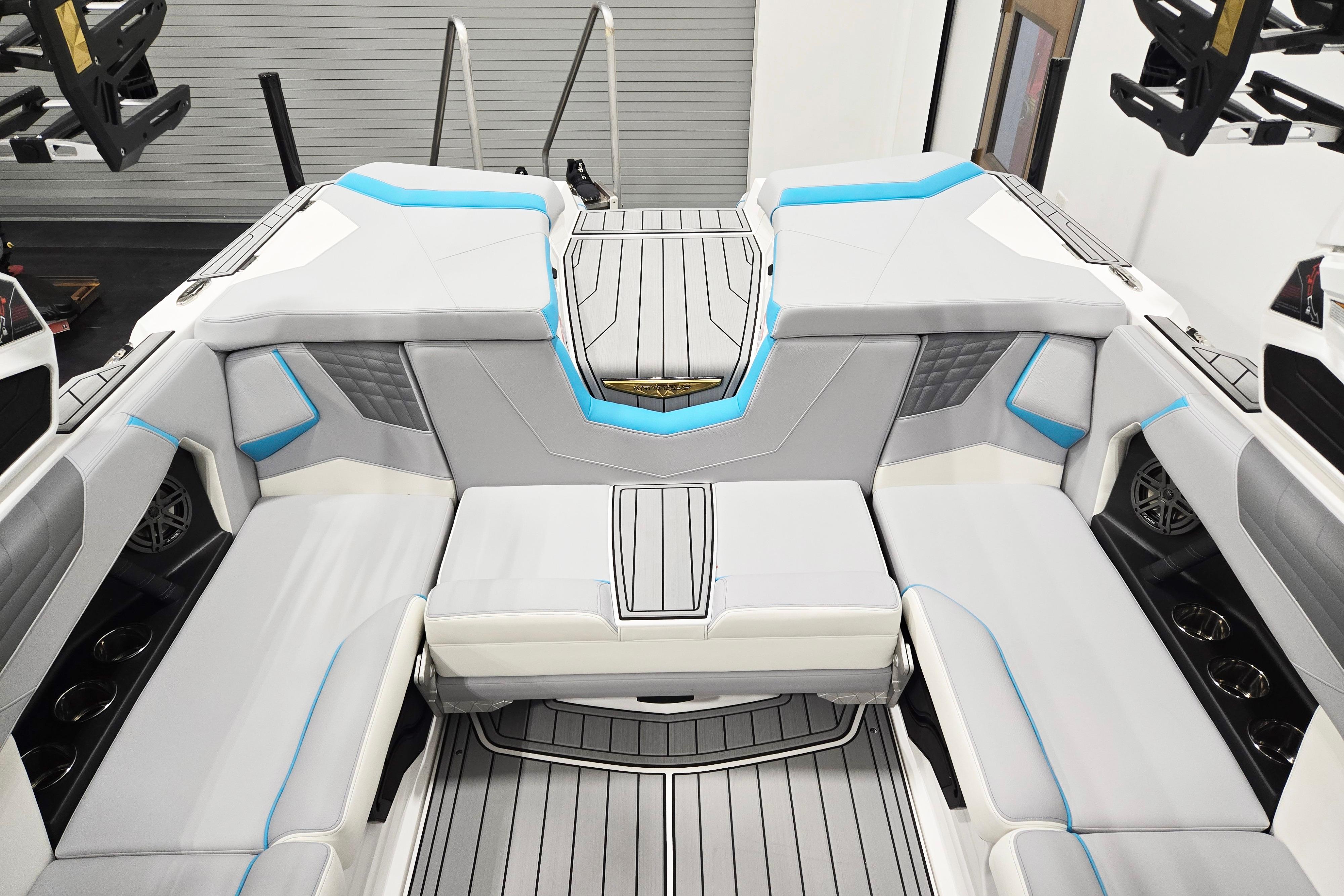 Interior of 2026 Nautique Super Air Nautique S21 boat with modern seating and sleek design.