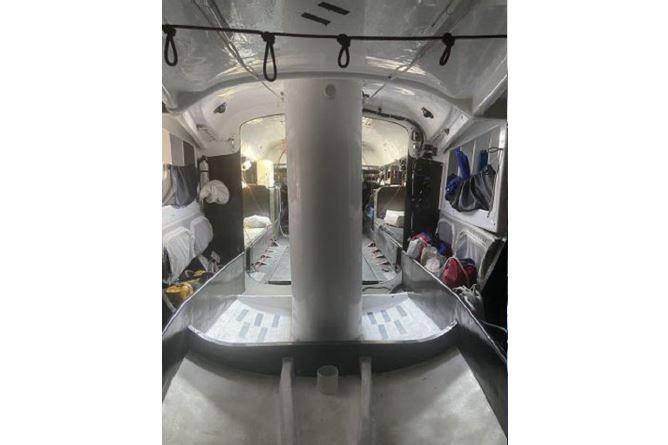 Interior of a 2000 Andrews 63 sailboat, featuring sleek design and organized storage.