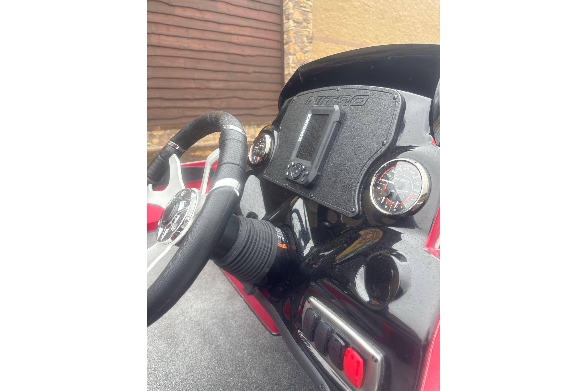 Steering console of 2026 Nitro Z17 boat with gauges and controls.