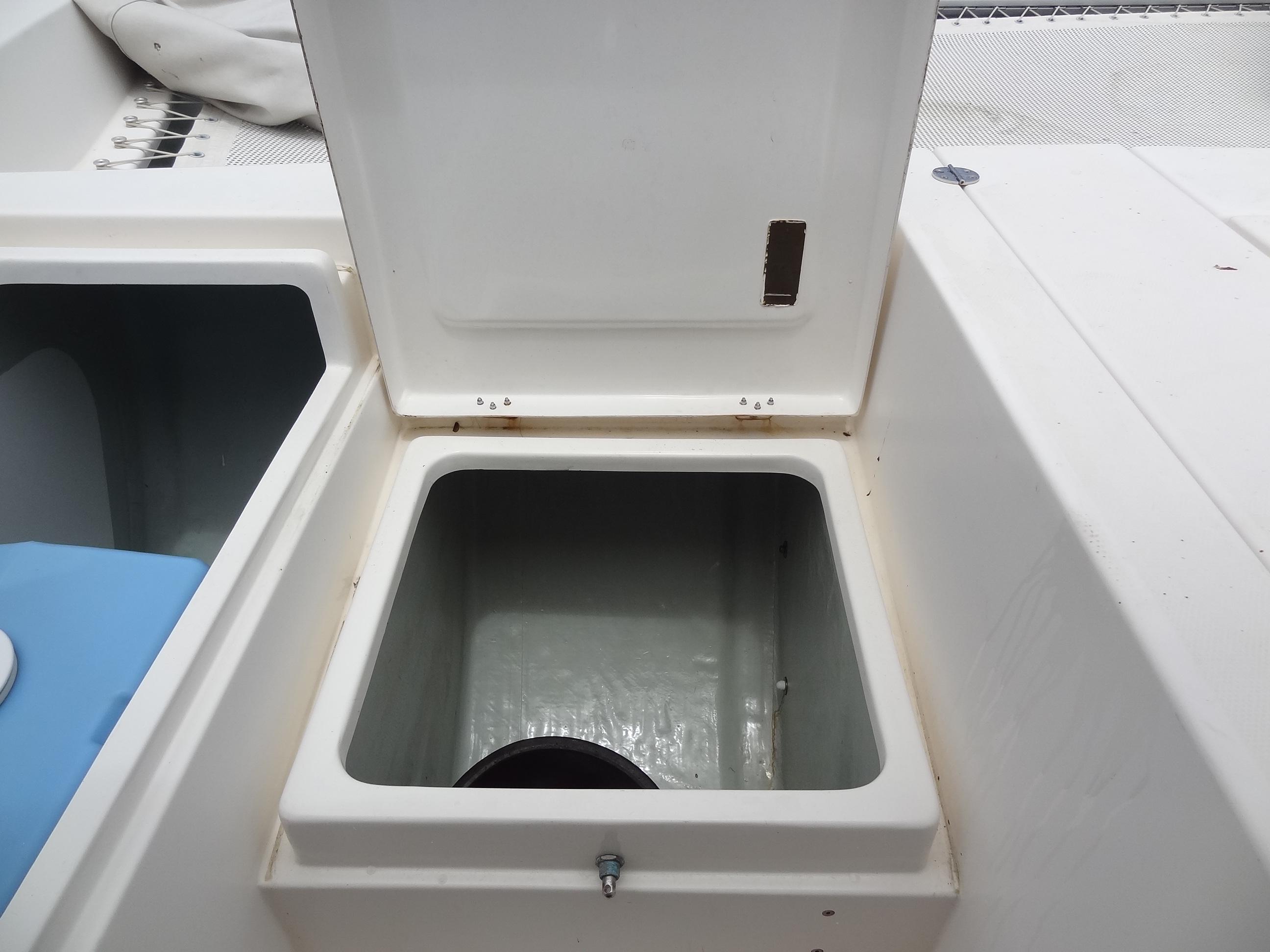 Open storage compartment on a 2020 Leopard 40 catamaran.