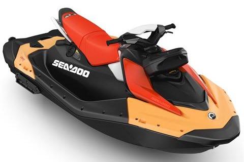 2026 Sea-Doo Spark for 3, orange and black jet ski, side view.