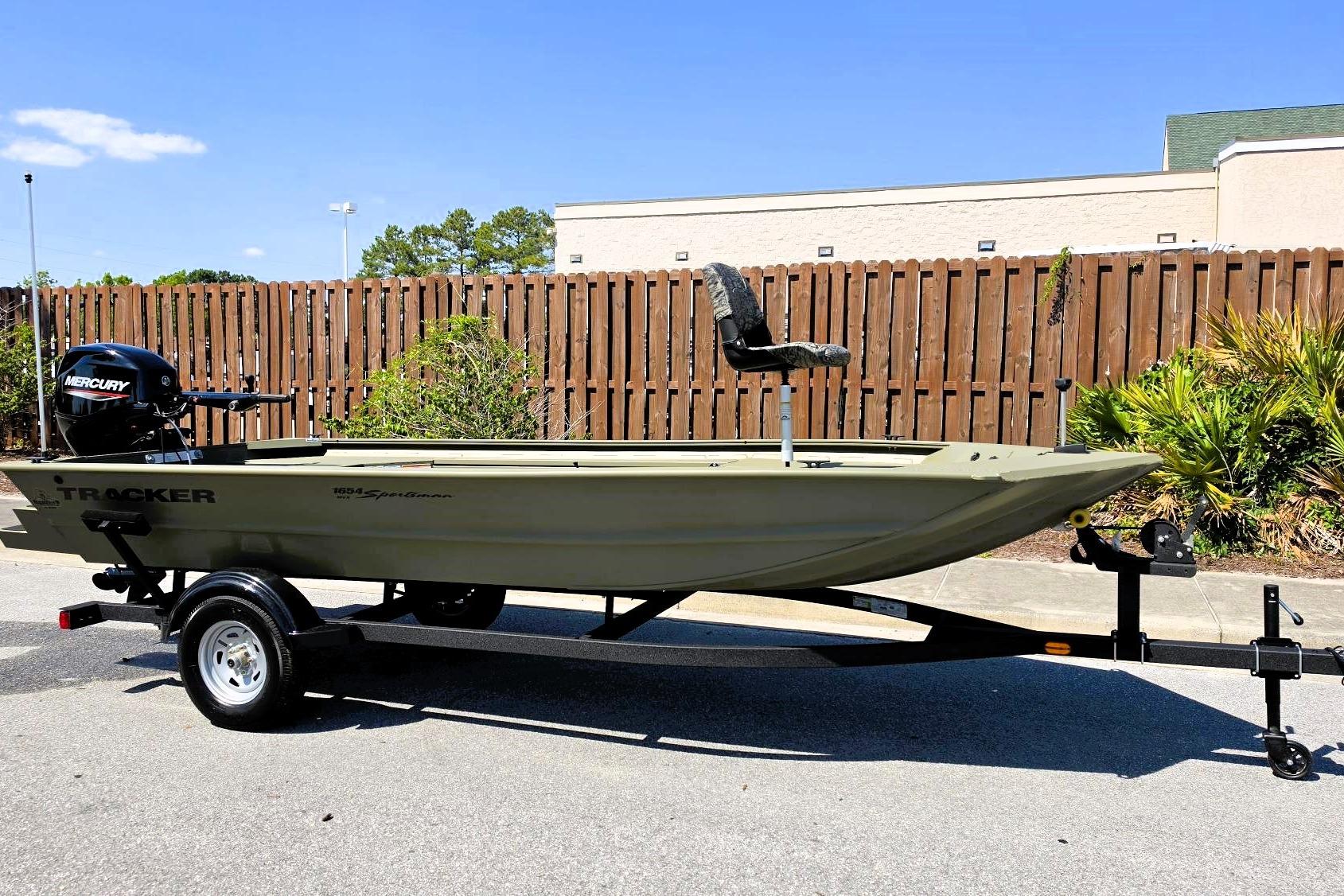 2026 Tracker Grizzly 1654 T Sportsman boat on trailer, parked outdoors.