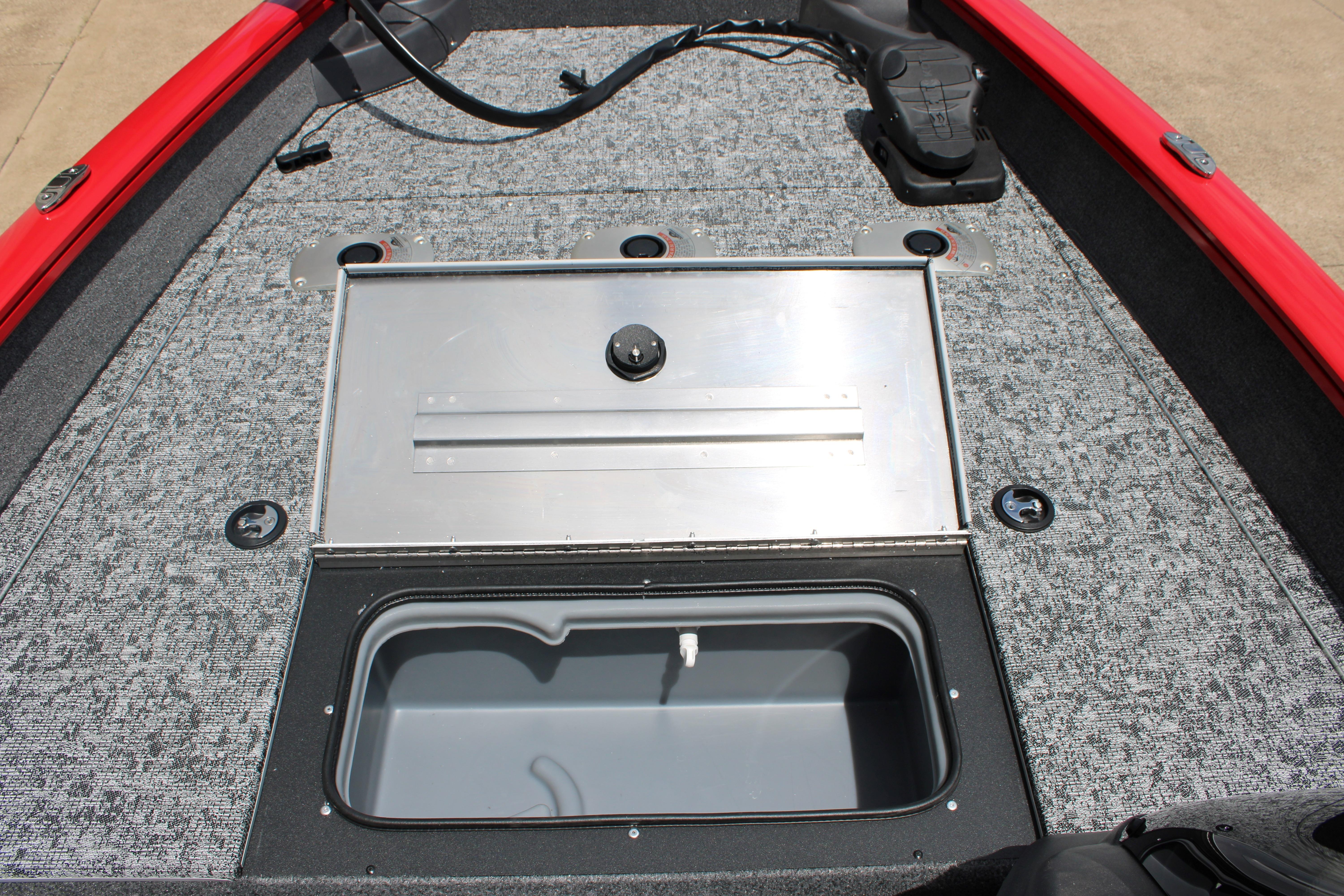 2026 Tracker Pro Team 175 Crappie Edition boat deck with storage compartments.