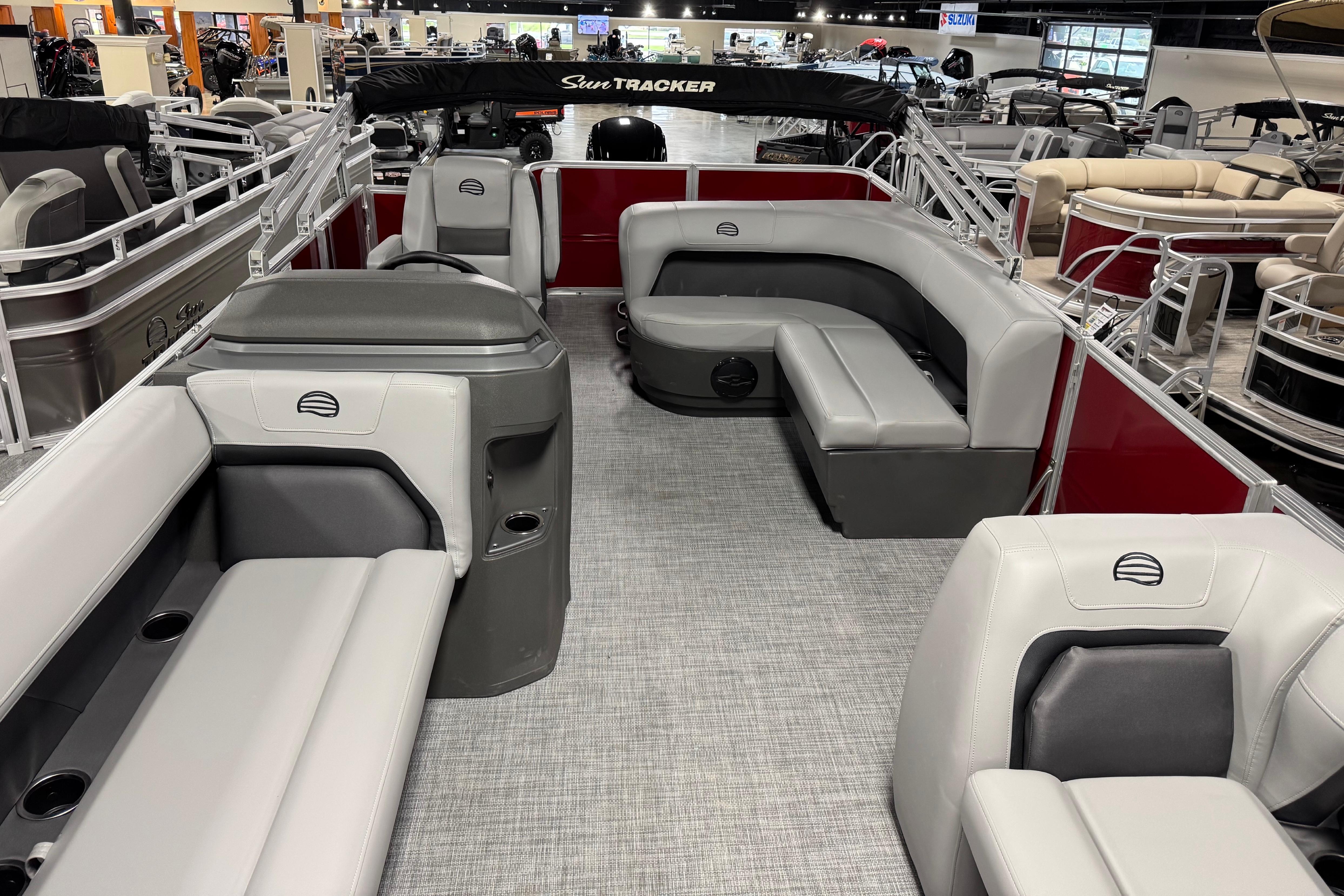 2026 Sun Tracker Party Barge 18 DLX interior with spacious seating and modern design.