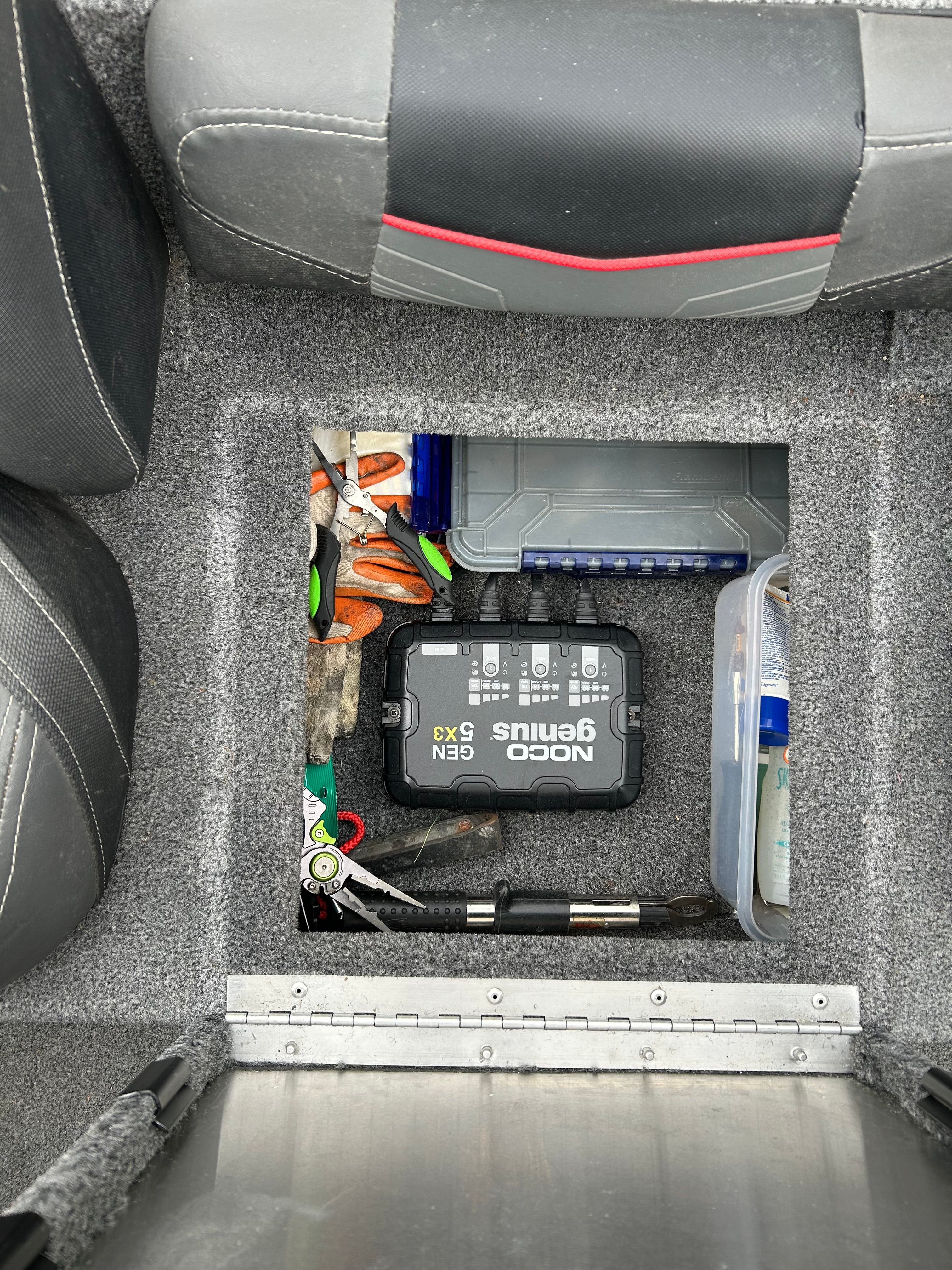 Tool compartment in Tracker Pro Team 190 TX boat, 2021 model.