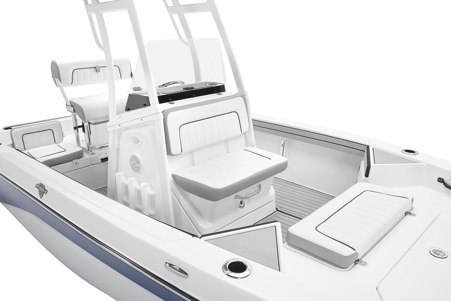 Manufacturer Provided Image: 2026 Yamaha Boats 195 FSH Sport interior, featuring sleek white seating and modern design.