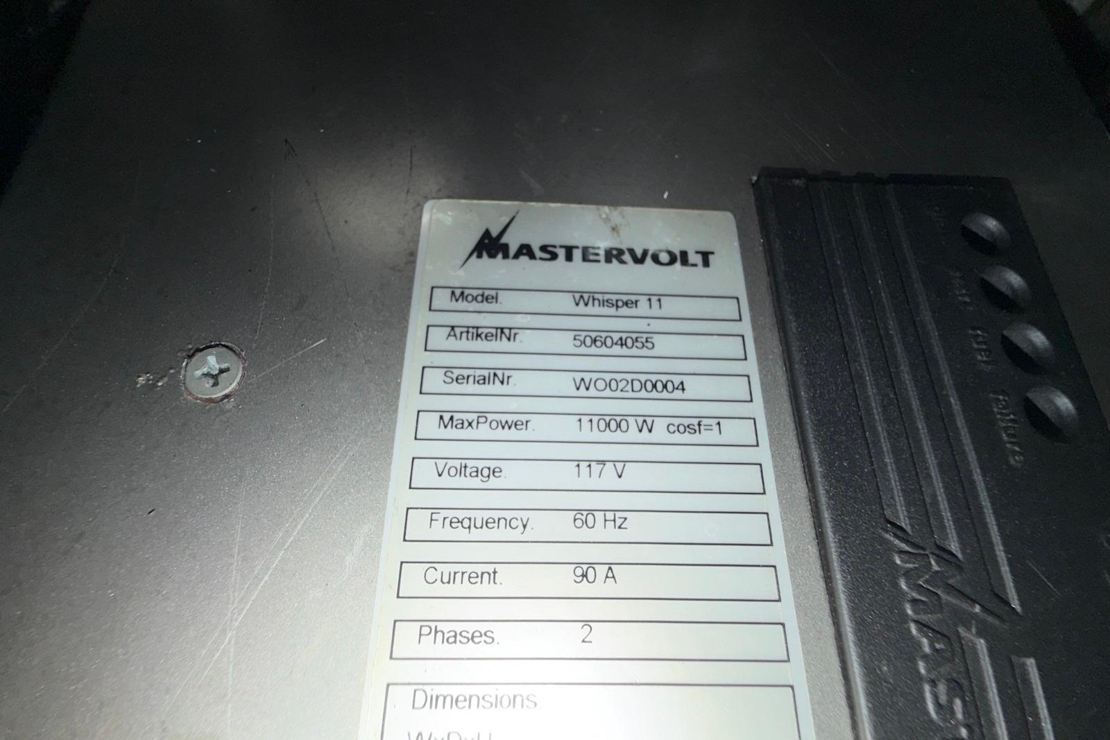 Label on Mastervolt Whisper 11 generator, showing specifications and serial number for Hunter 50 Center Cockpit.