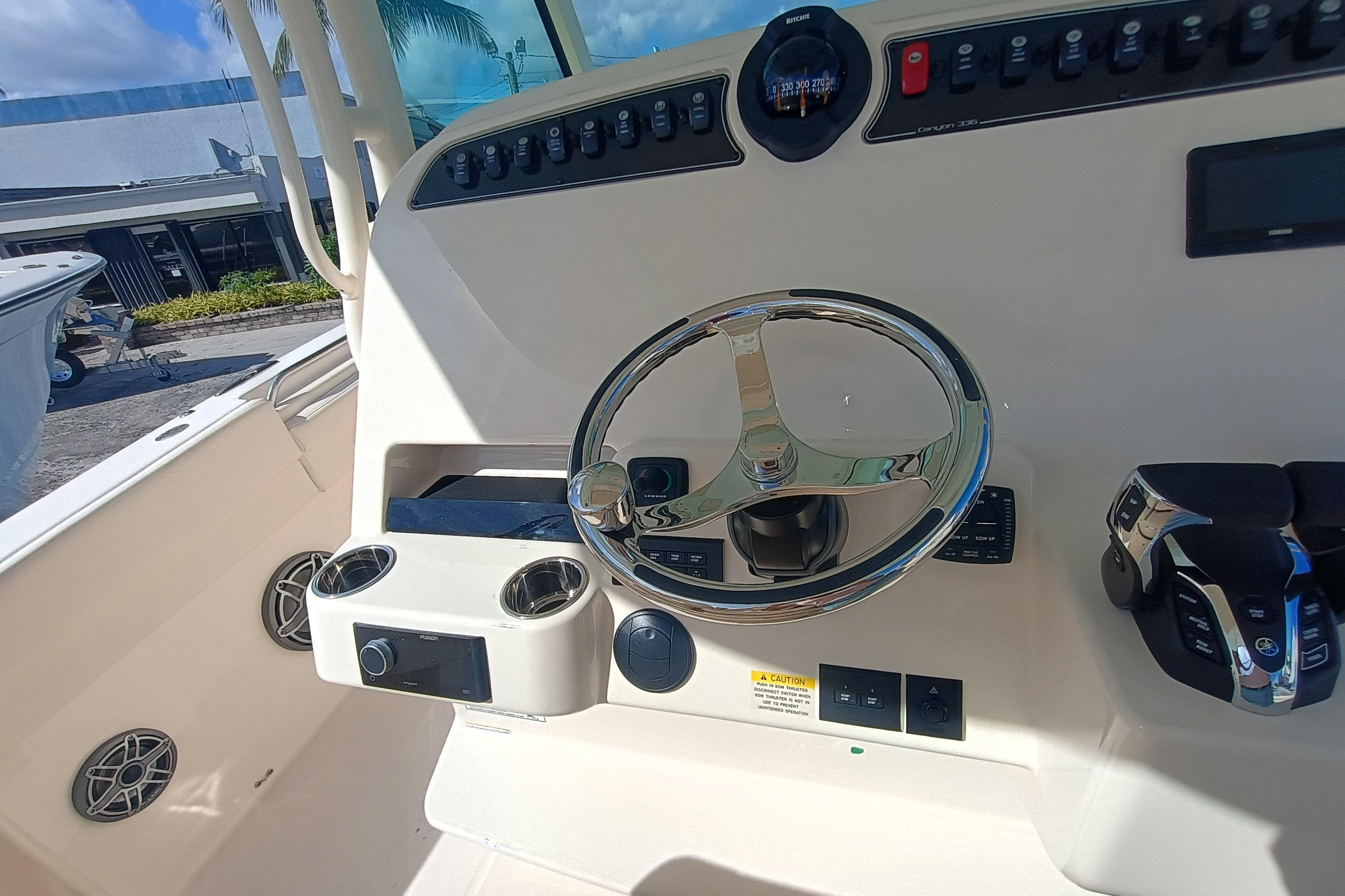 Steering console of Grady-White Canyon 336 boat, year 2026.