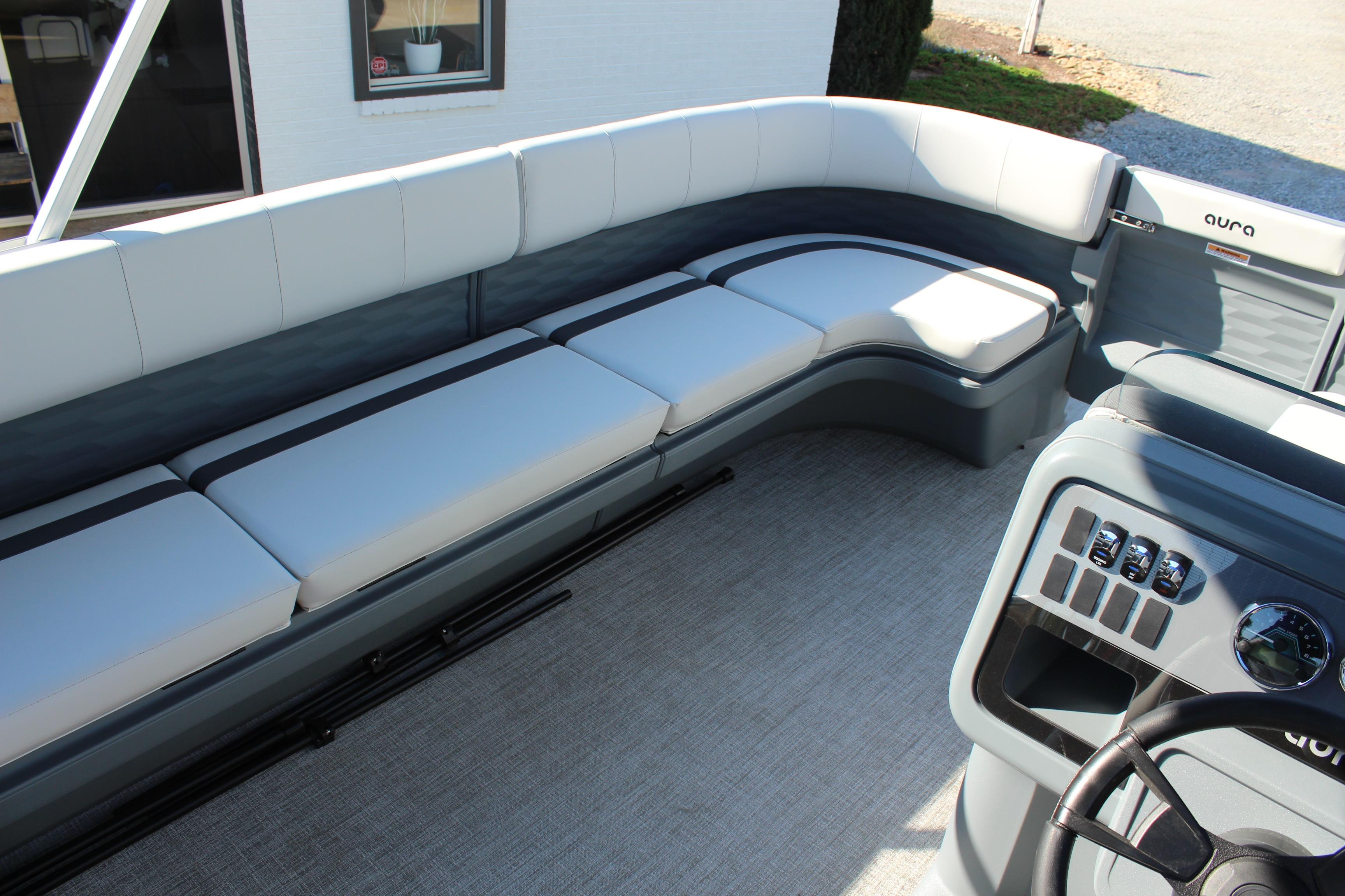 2026 Tahoe Pontoon Aura interior with sleek seating and modern dashboard design.