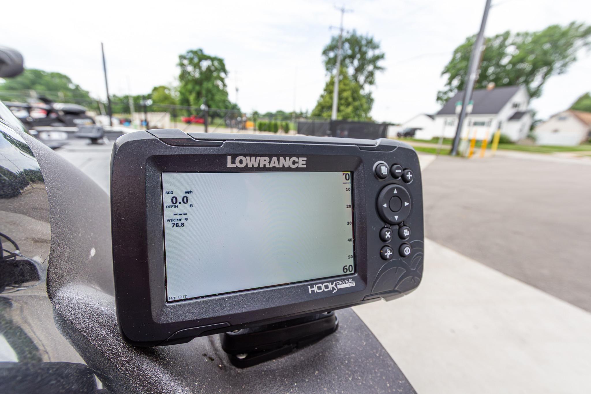 Lowrance fish finder on 2023 Tracker Pro Team 190 TX boat, displaying water temperature and depth.