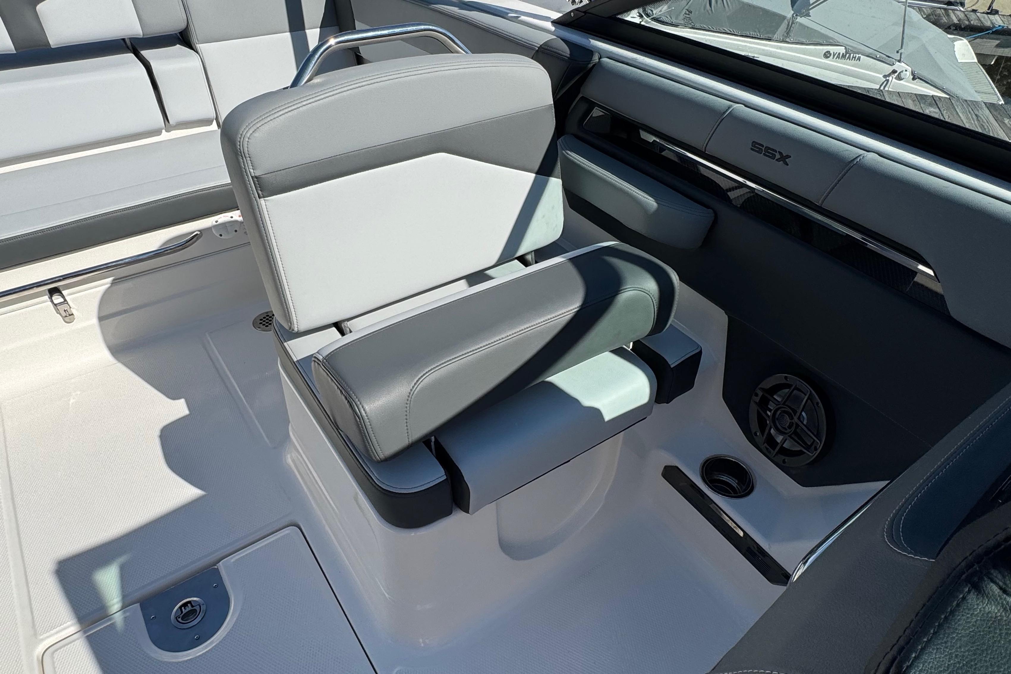 2026 Chaparral SSX 4 boat interior with gray seating and modern design.