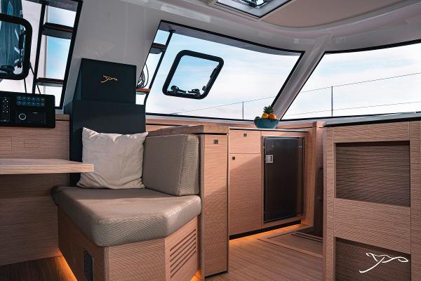 Modern interior of 2025 Nautitech 40 Open catamaran with sleek design and comfortable seating.