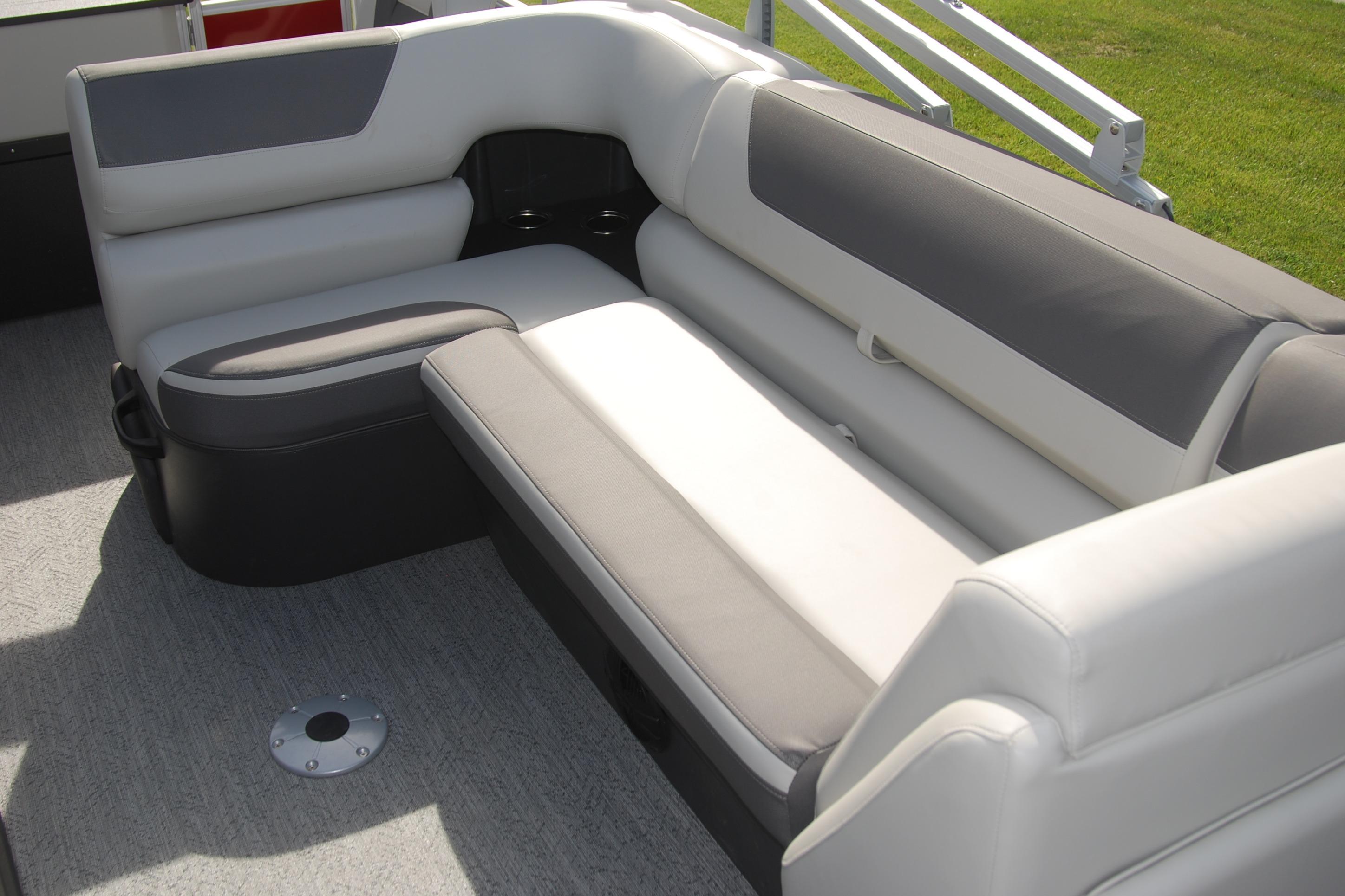 Interior seating of 2026 Sun Tracker Fishin' Barge 22 XP3 pontoon boat.