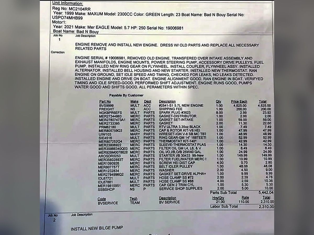 Invoice for a 1999 Maxum 2300CC detailing repair costs and parts.