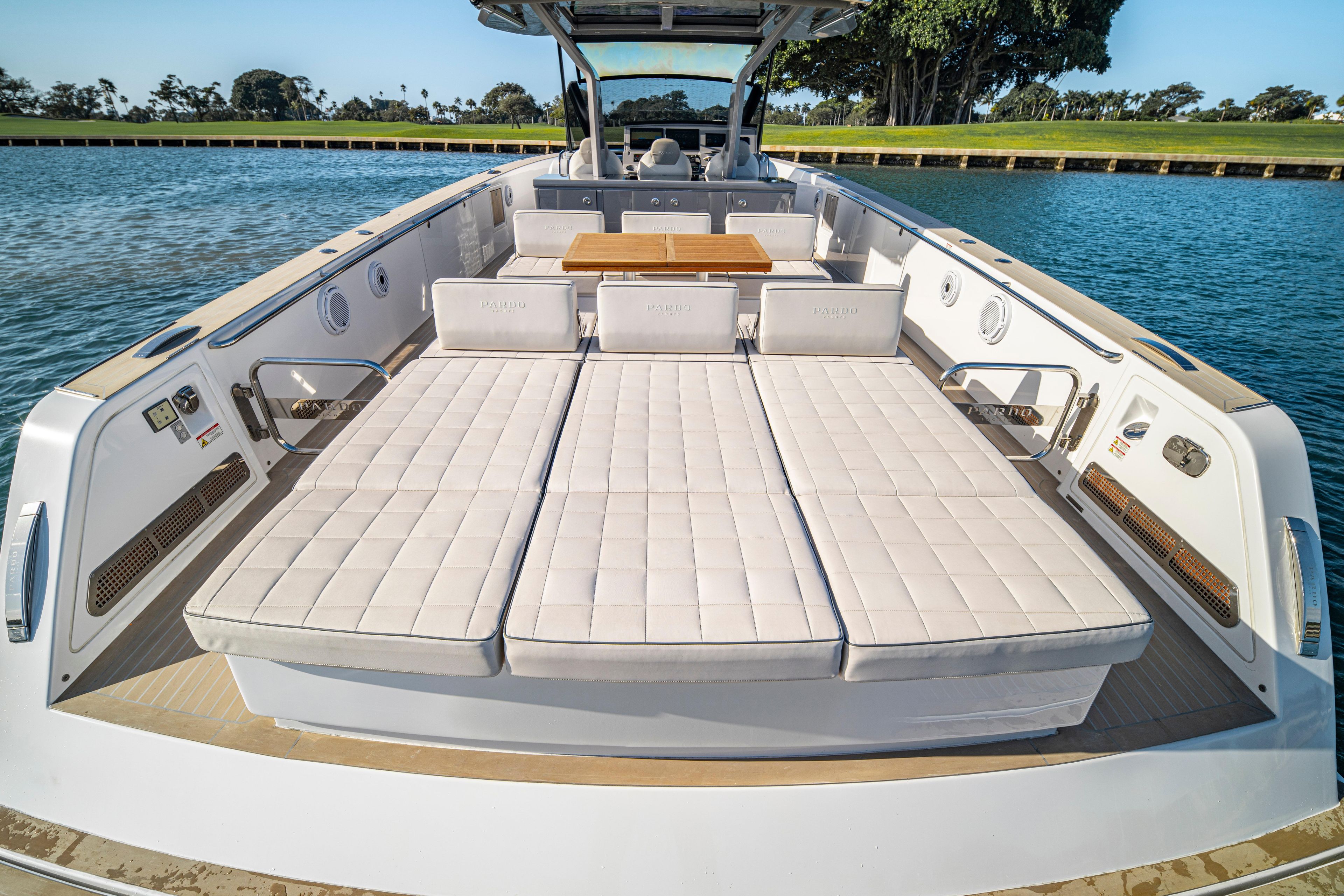 2024 Pardo Yachts P43 luxury yacht with spacious sunbathing area on calm water.