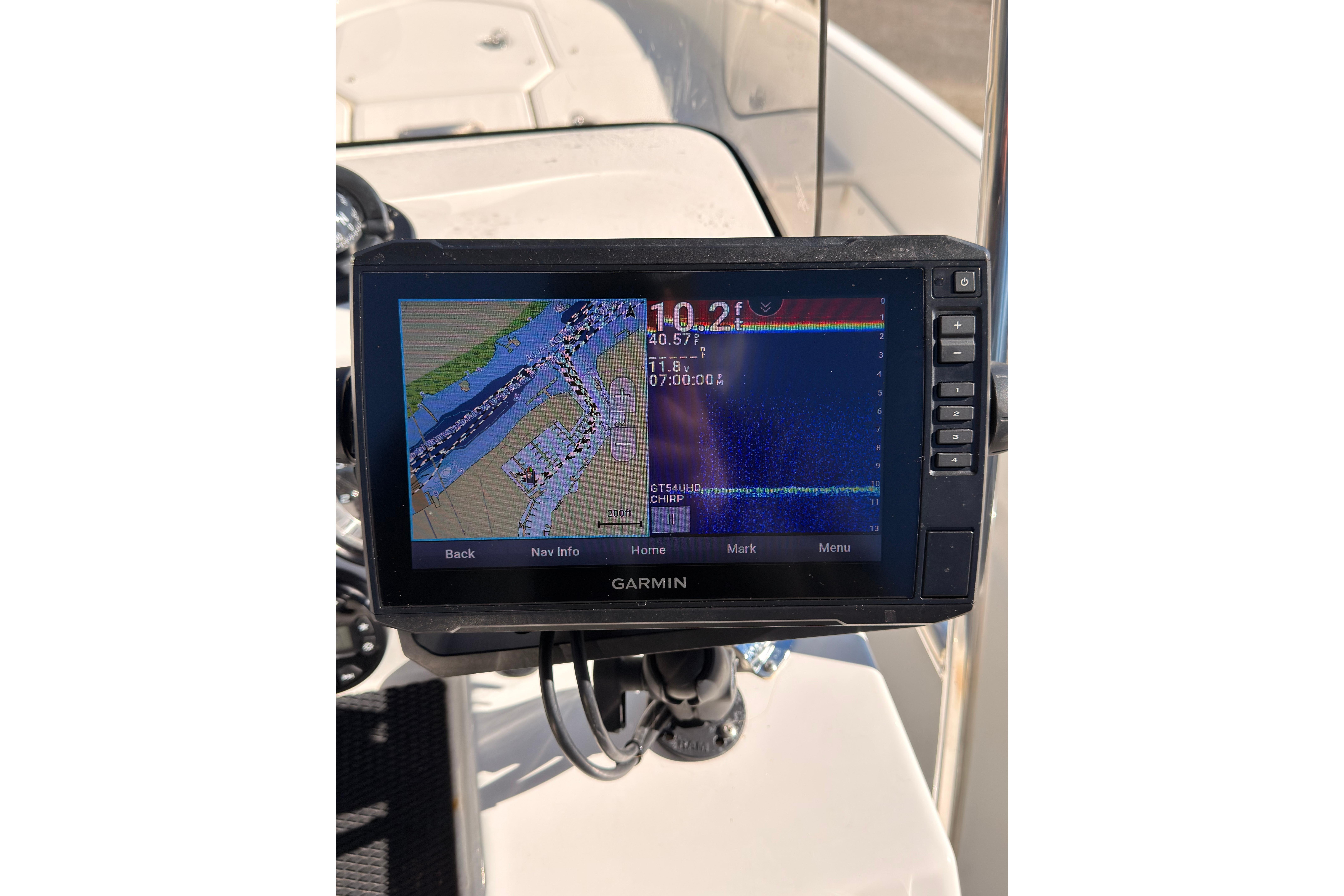Garmin GPS display on 2023 Trophy T-18 boat, showing navigation and depth information.
