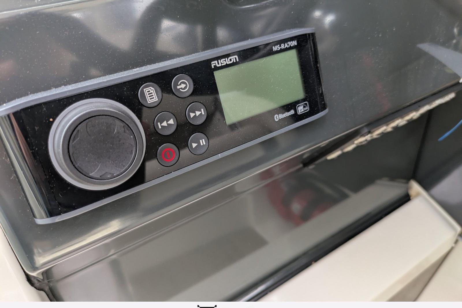 Fusion MS-RA70N stereo system on 2022 Quicksilver Activ 675 Weekend boat dashboard.