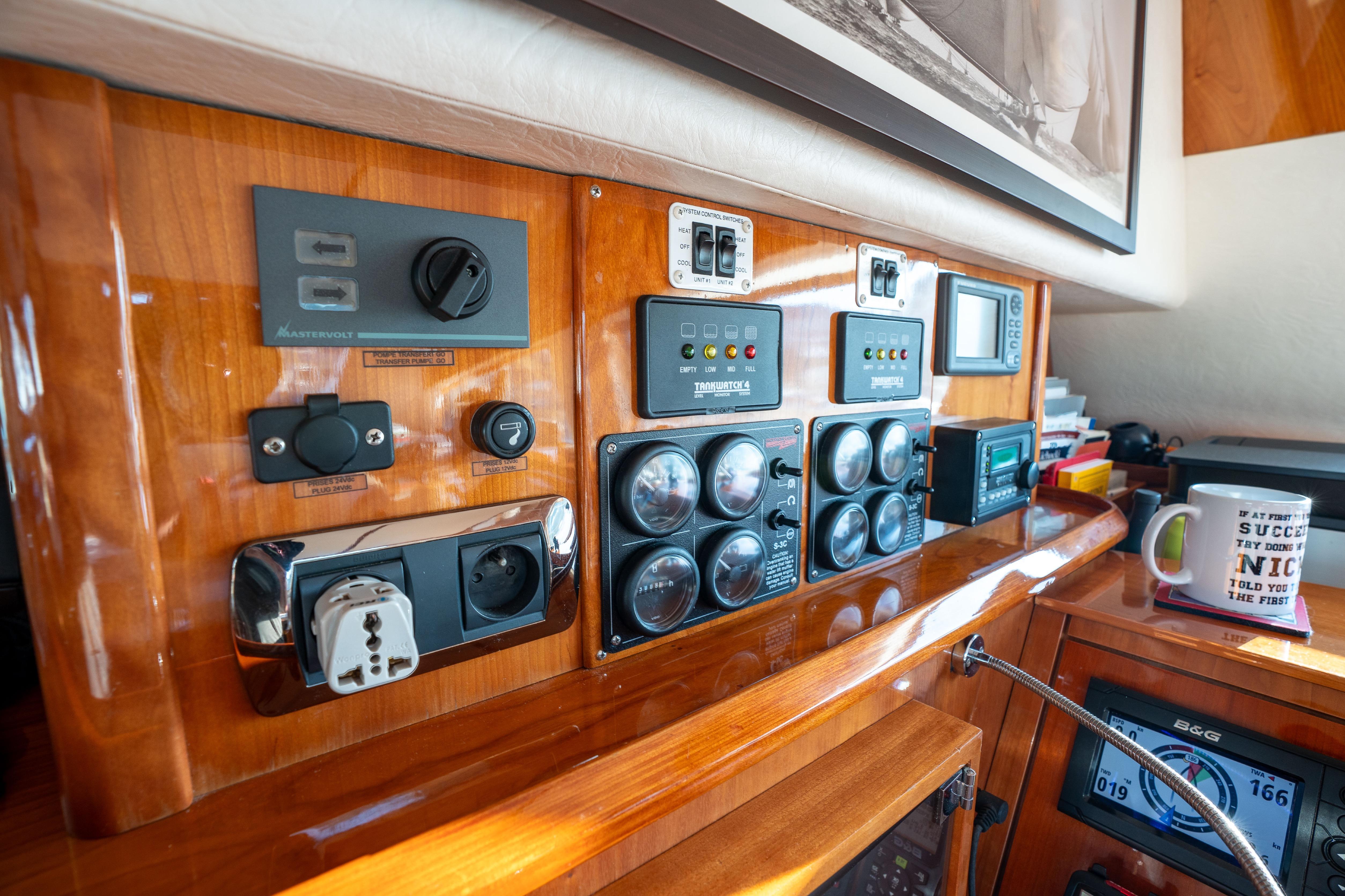 Control panel of a 2009 Privilege 615 yacht with various gauges and switches.