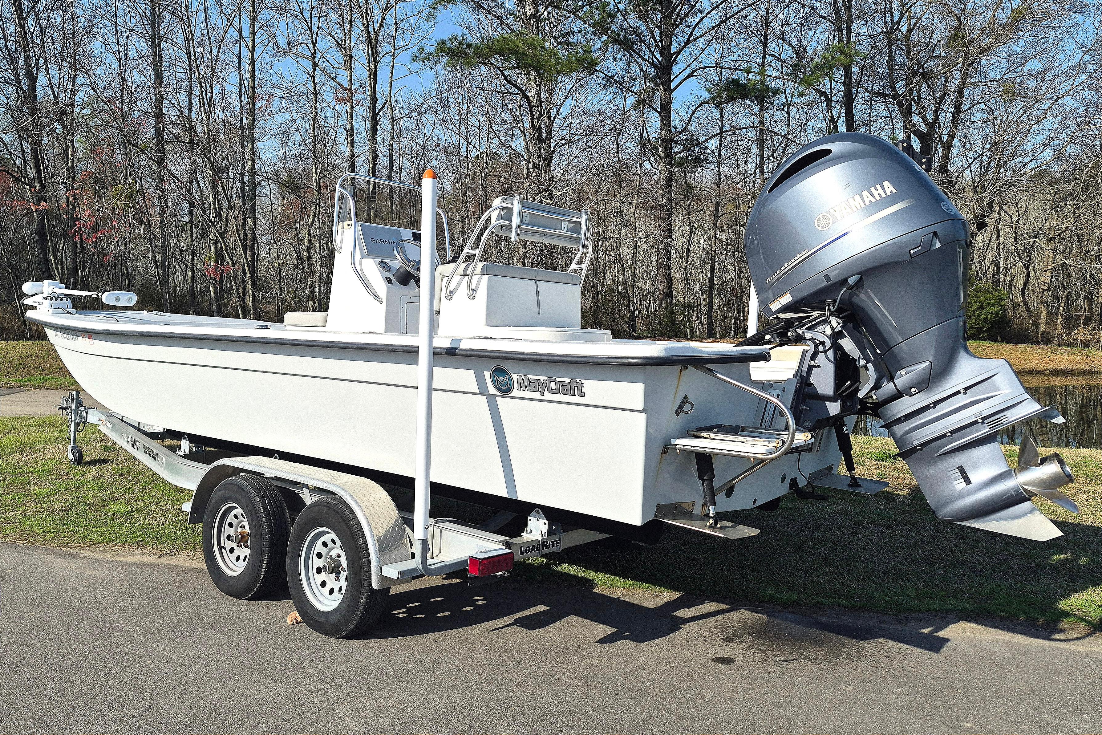 2024 May-Craft 22 Hancock Skiff on trailer with Yamaha outboard motor.