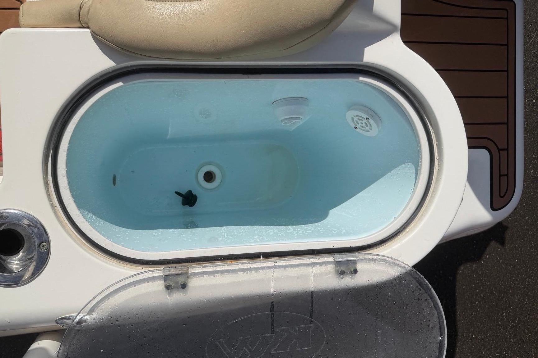 An open boat livewell with water and a small black object inside.