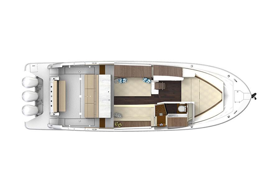 Manufacturer Provided Image: Top view of 2020 Regal 38 SAV boat layout with three outboard motors.