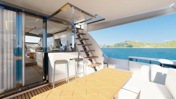 Luxurious Aicon Vivere 68 yacht interior with modern design, overlooking serene ocean view, 2025 model.