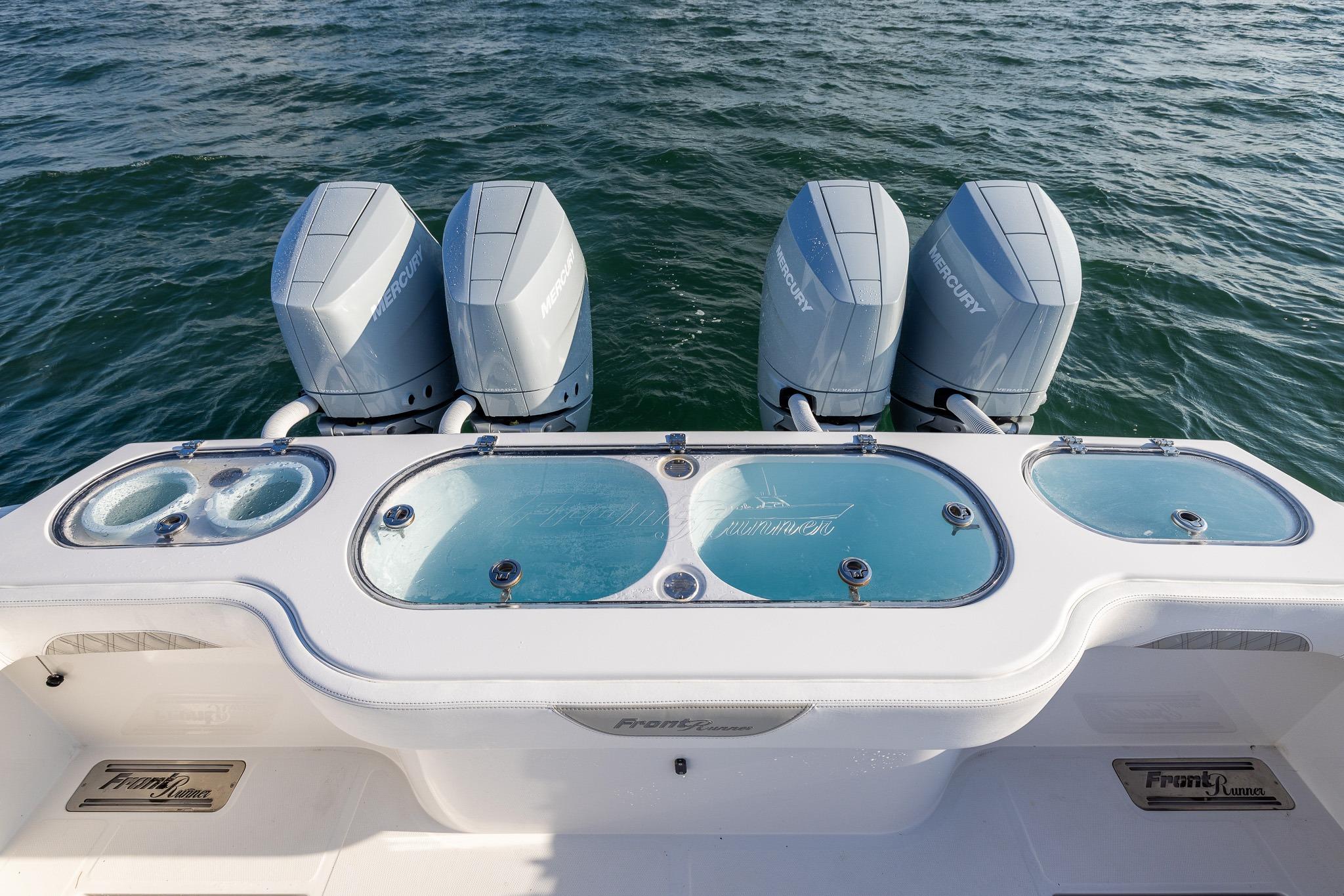 2026 Front Runner 37 Catamaran with four Mercury outboard engines on the water.