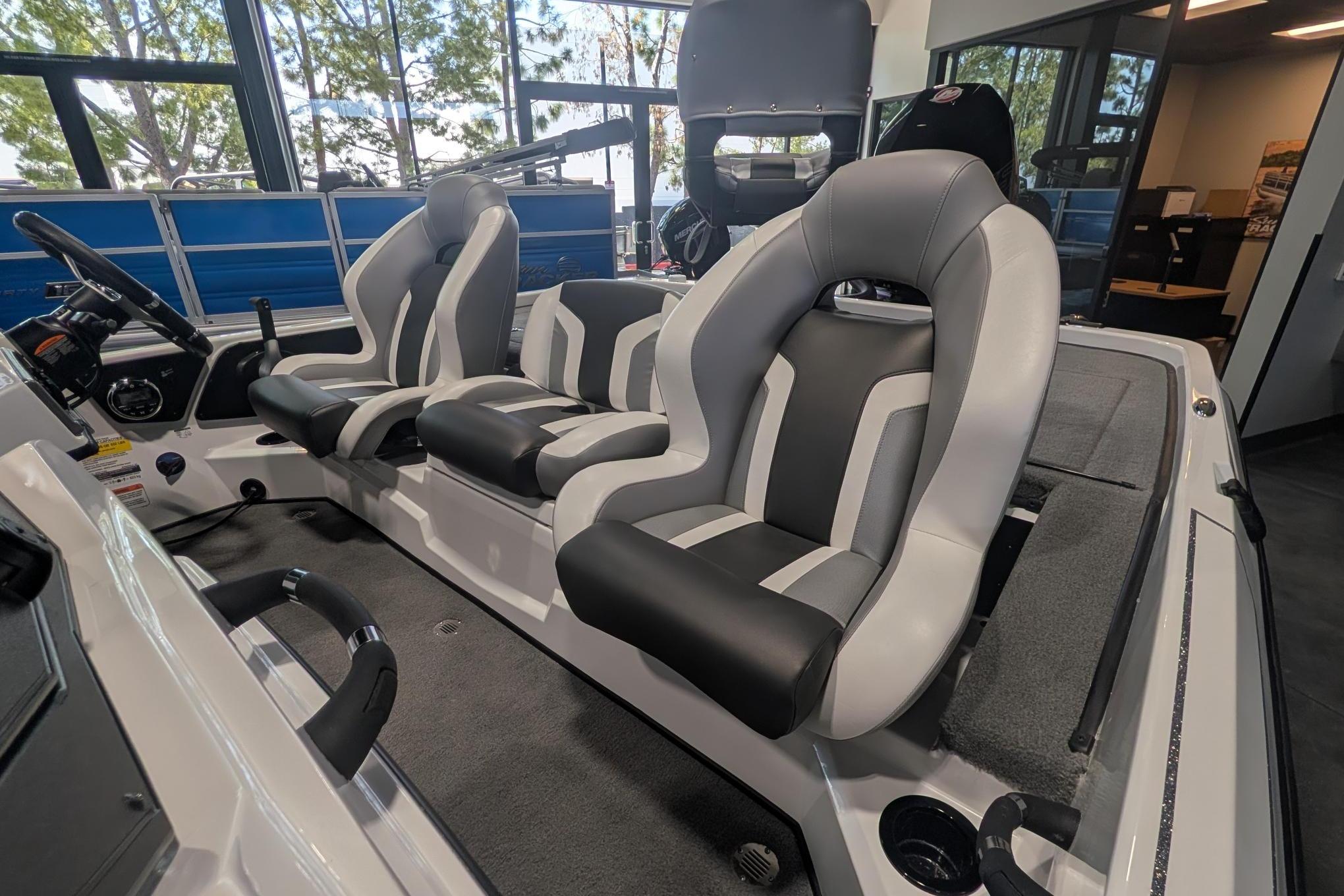 Interior of 2026 Nitro Z19 XL Pro boat with modern seating and steering wheel.