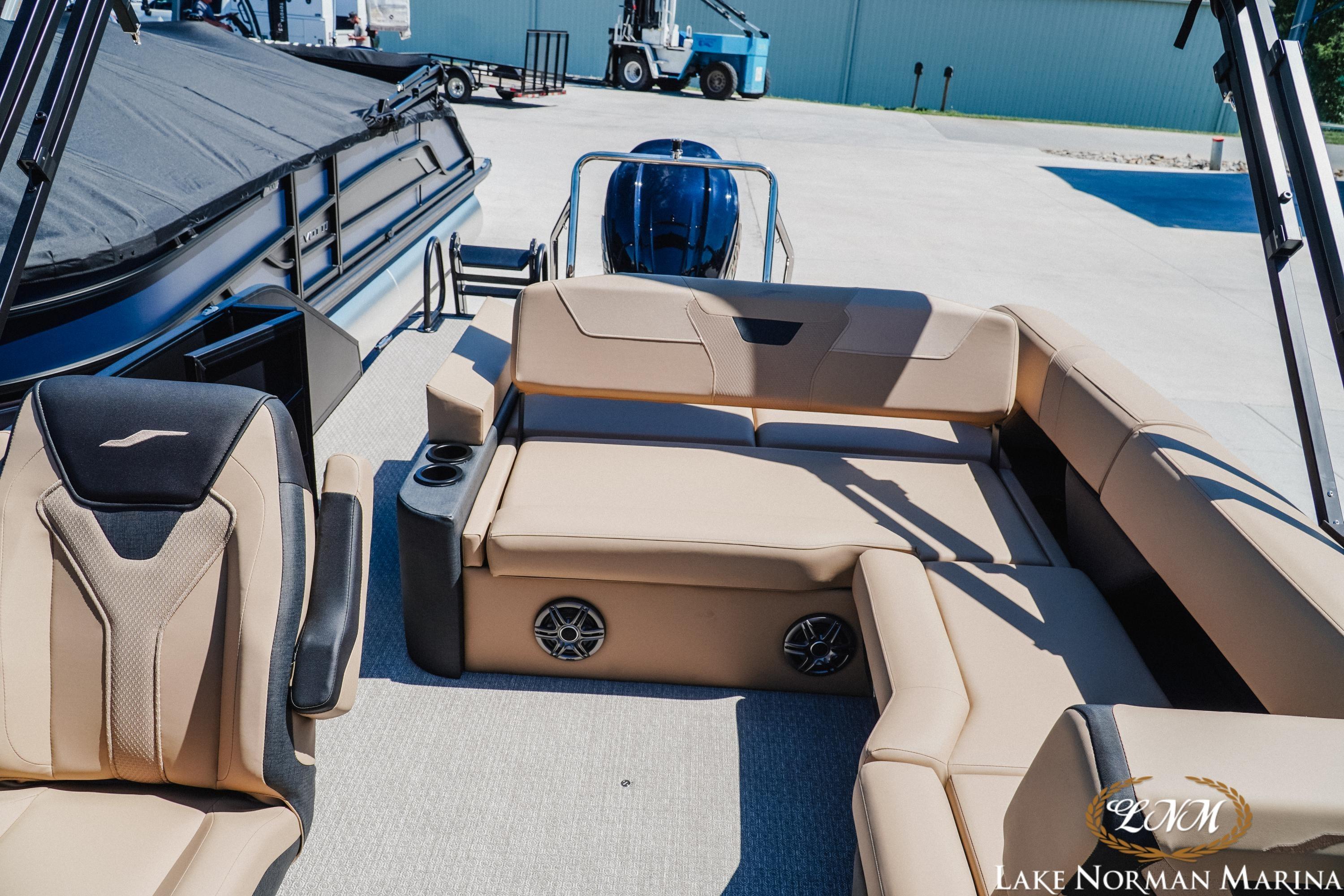 Luxurious seating on 2026 Evotti 523CS boat at Lake Norman Marina.