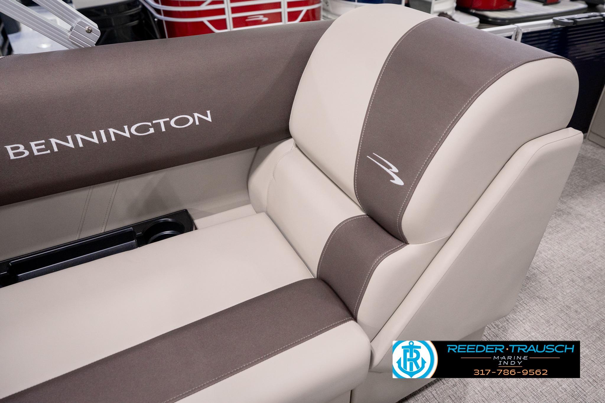 2026 Bennington 168 SF boat seat with logo, featuring beige and brown upholstery.