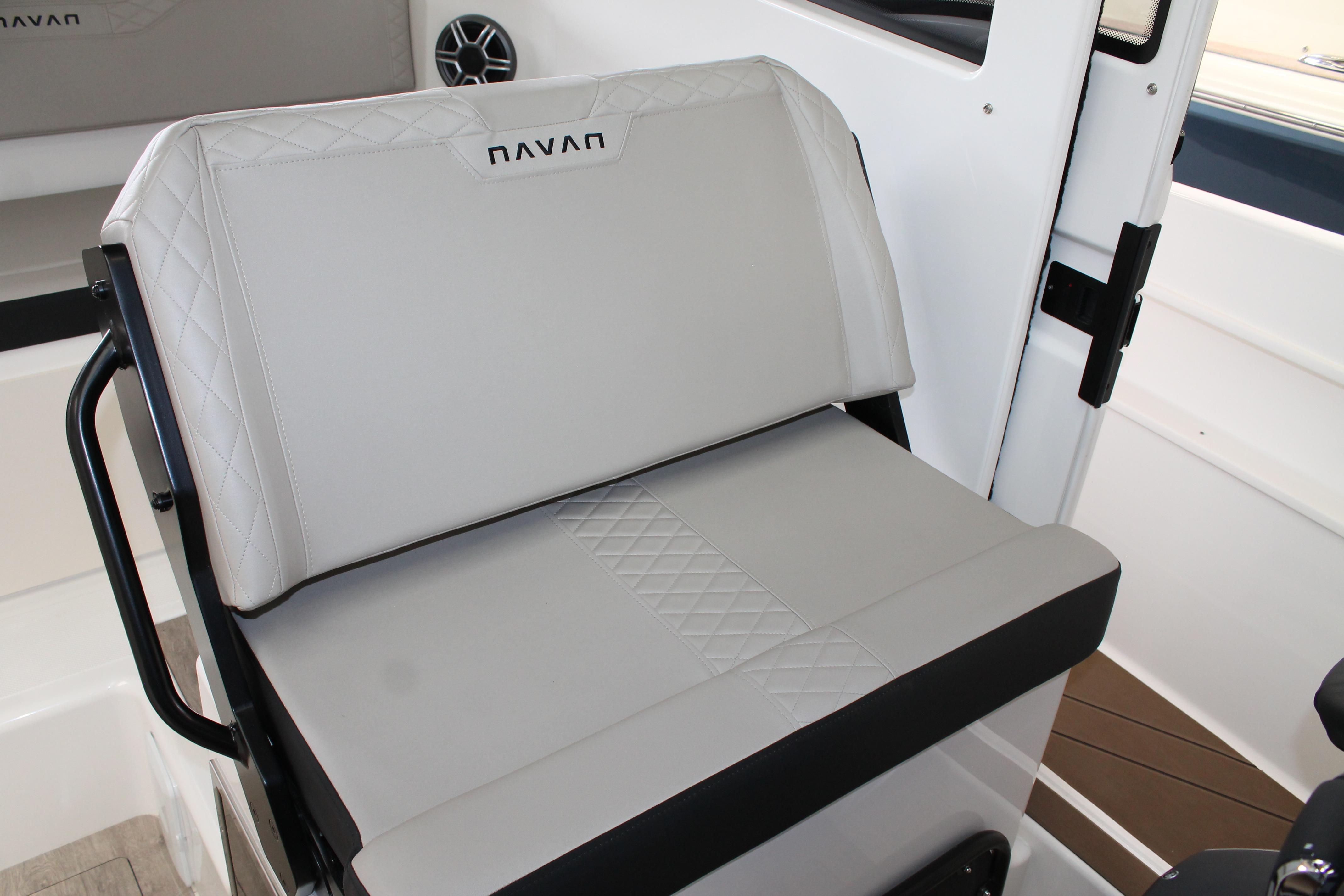 Interior seating of 2026 Navan C30 boat with quilted upholstery design.
