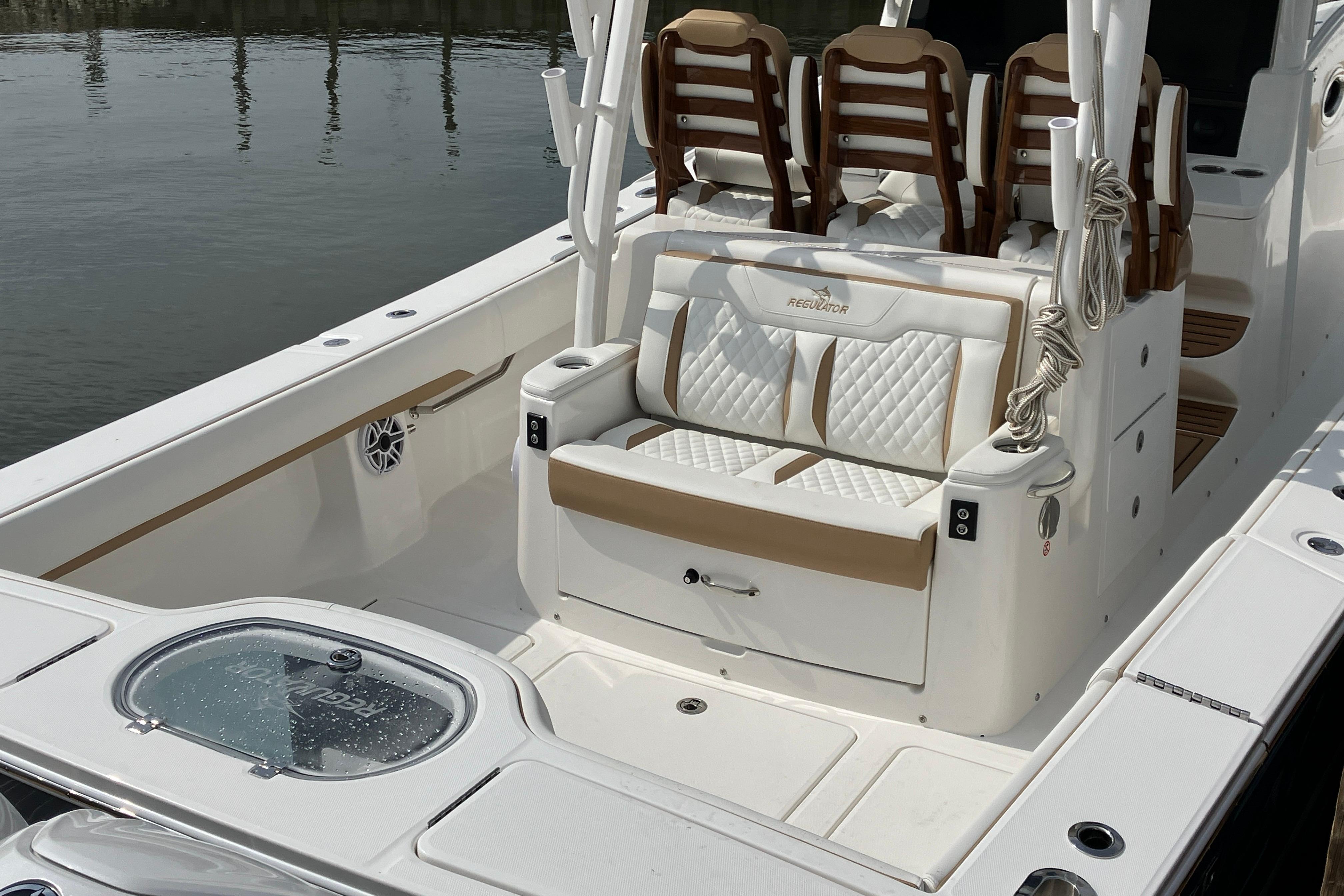 2027 Regulator 35 boat interior with luxurious seating and modern design.