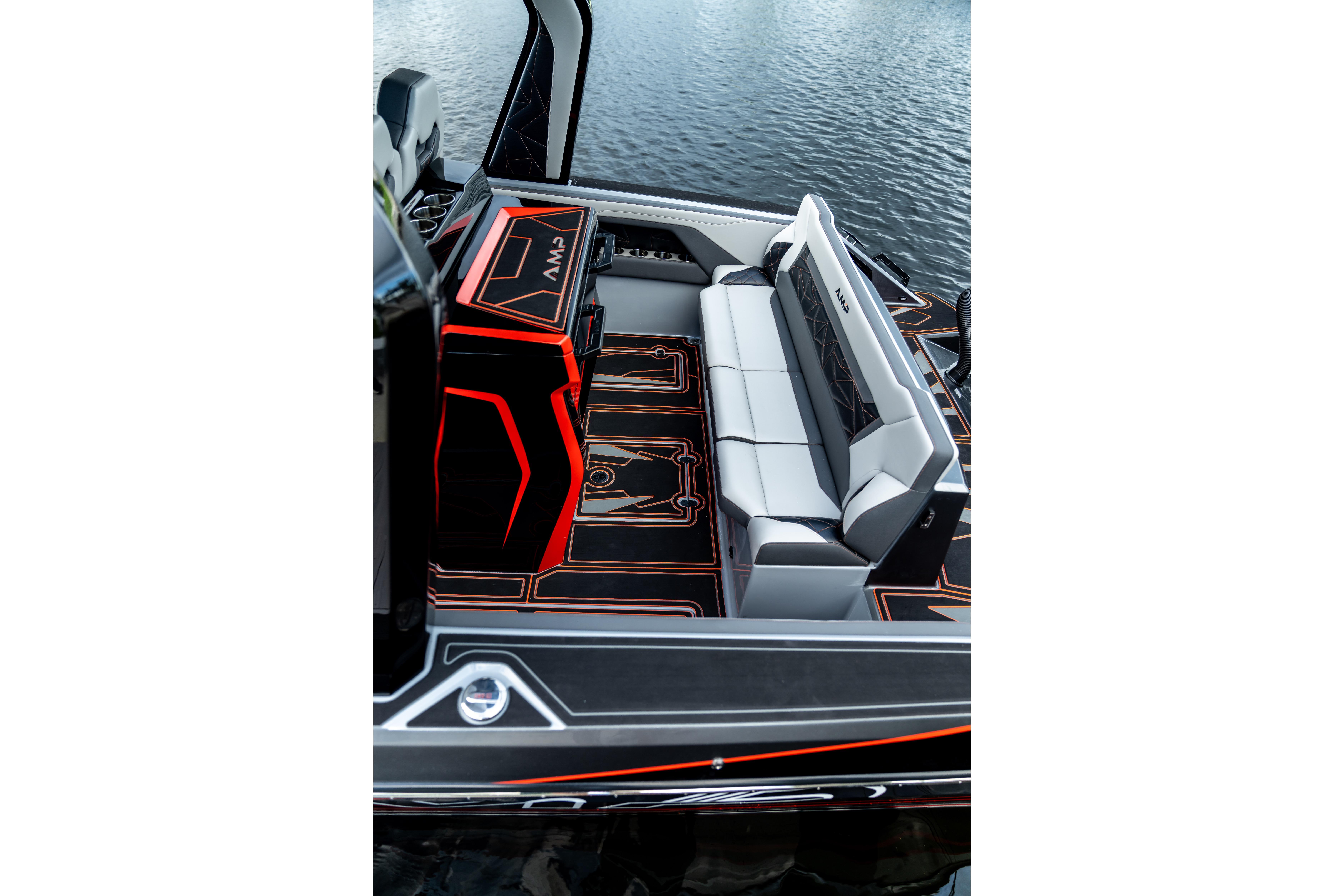 Futuristic AMP 333 boat interior with sleek seating and modern design, 2026 model.