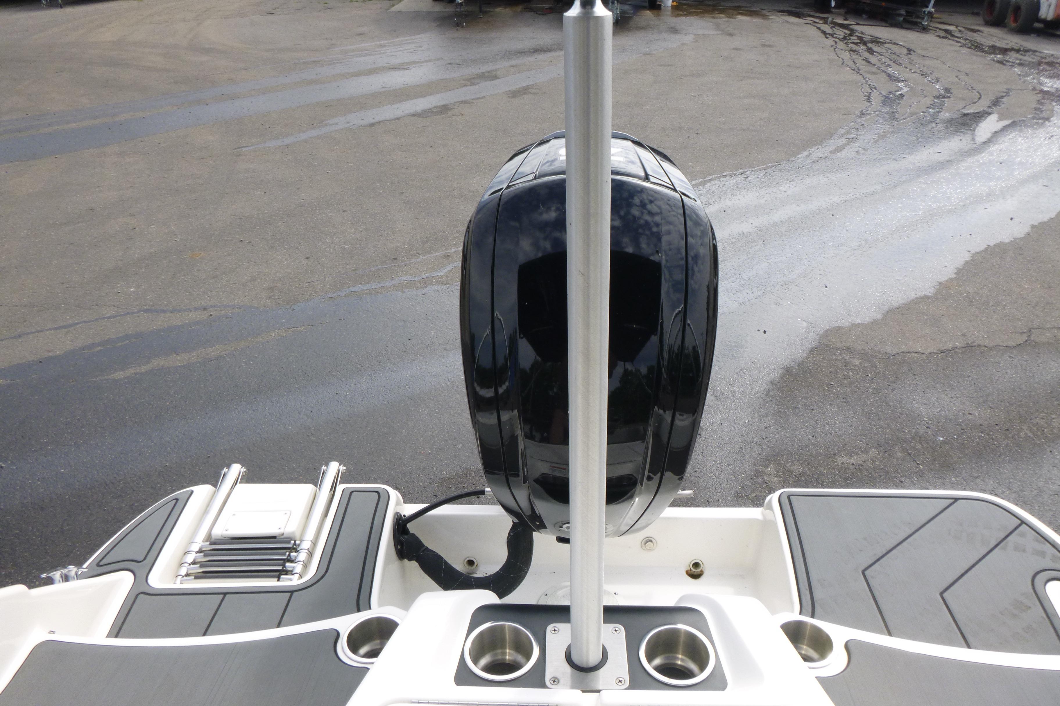 2022 Bayliner Element M17 boat stern with outboard motor and swim platform.