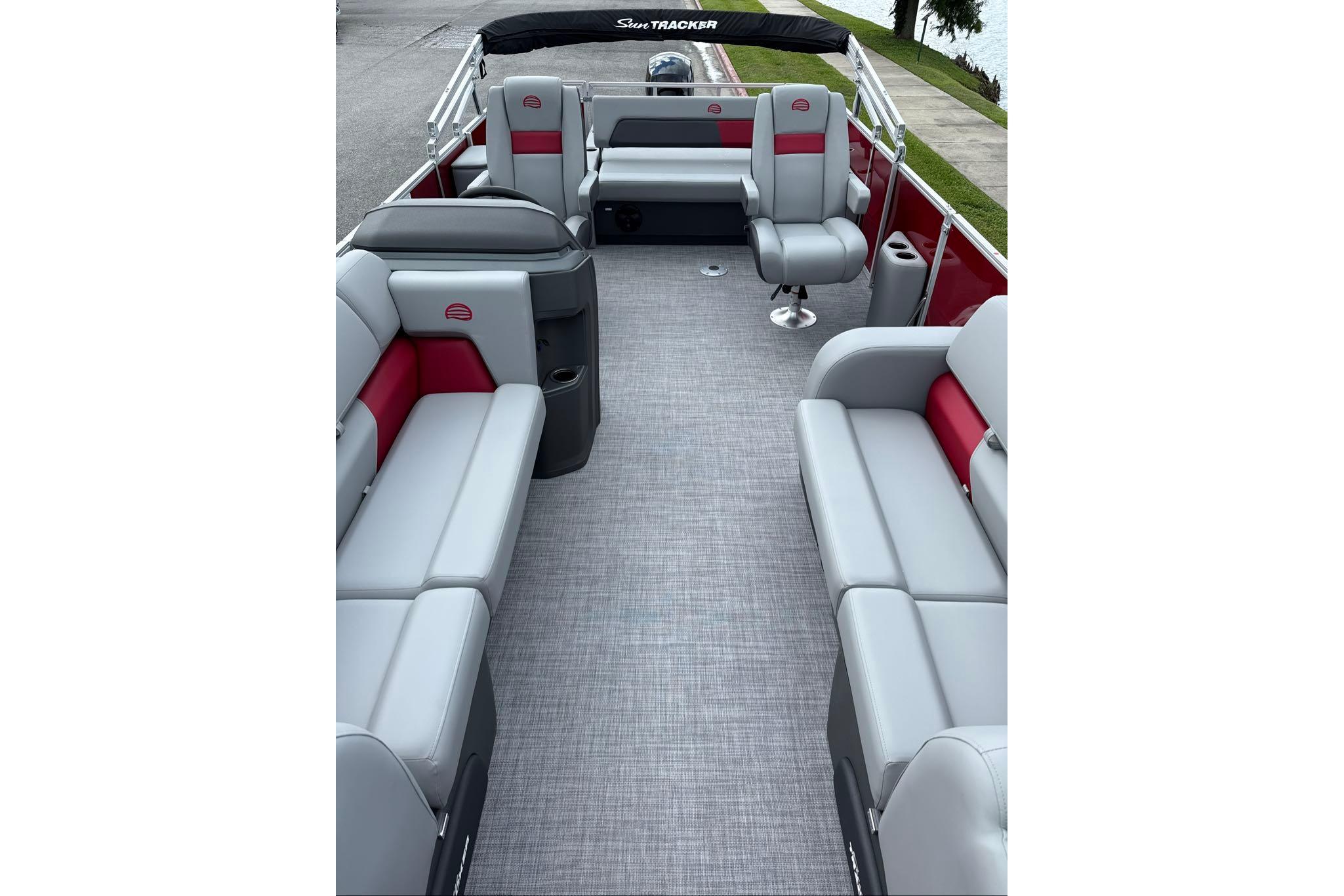2026 Sun Tracker Party Barge 22 RF DLX interior with spacious seating and modern design.