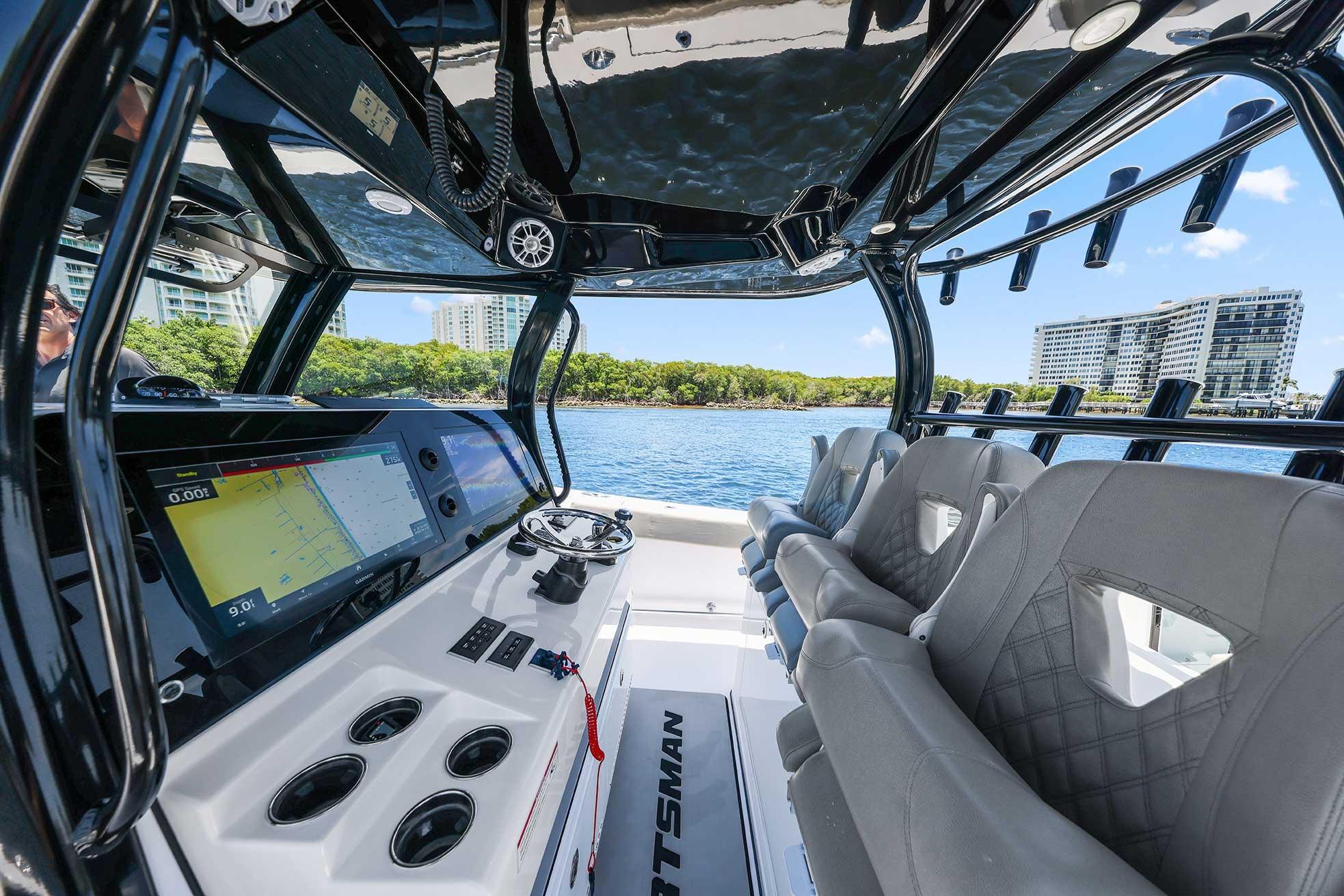 2024 Sportsman Open 352 Center Console interior with modern navigation system and luxurious seating.