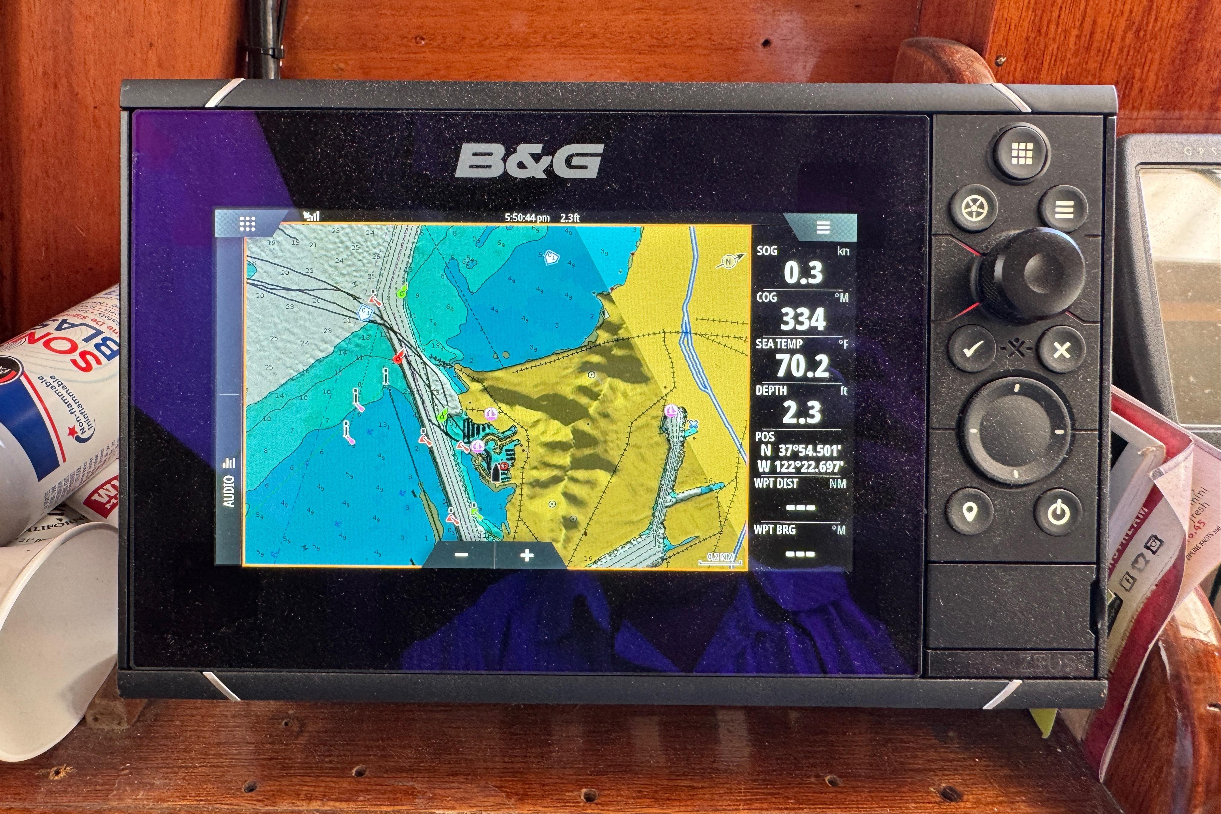 B&G navigation system on 1956 Aage Nielsen 50' Yawl, displaying nautical chart and data.