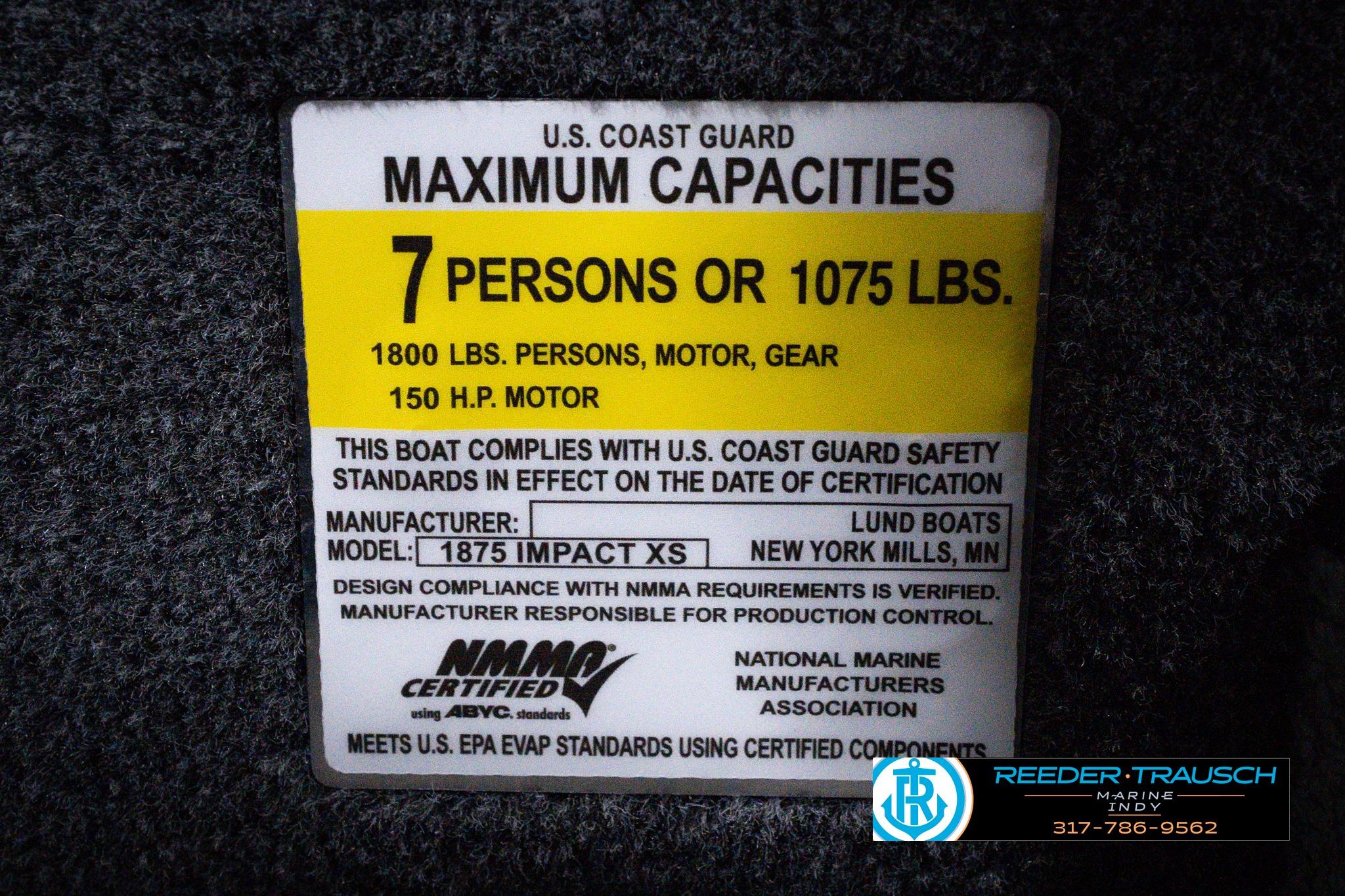 U.S. Coast Guard capacity label for 2026 Lund 1875 Impact XS SS boat.