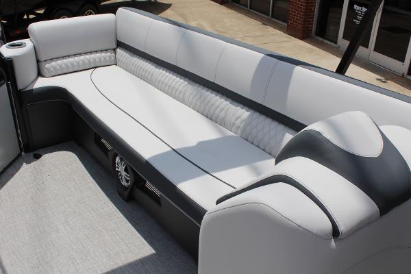 2025 Tahoe Pontoon Cascade Quad Lounger interior with sleek, modern seating design.