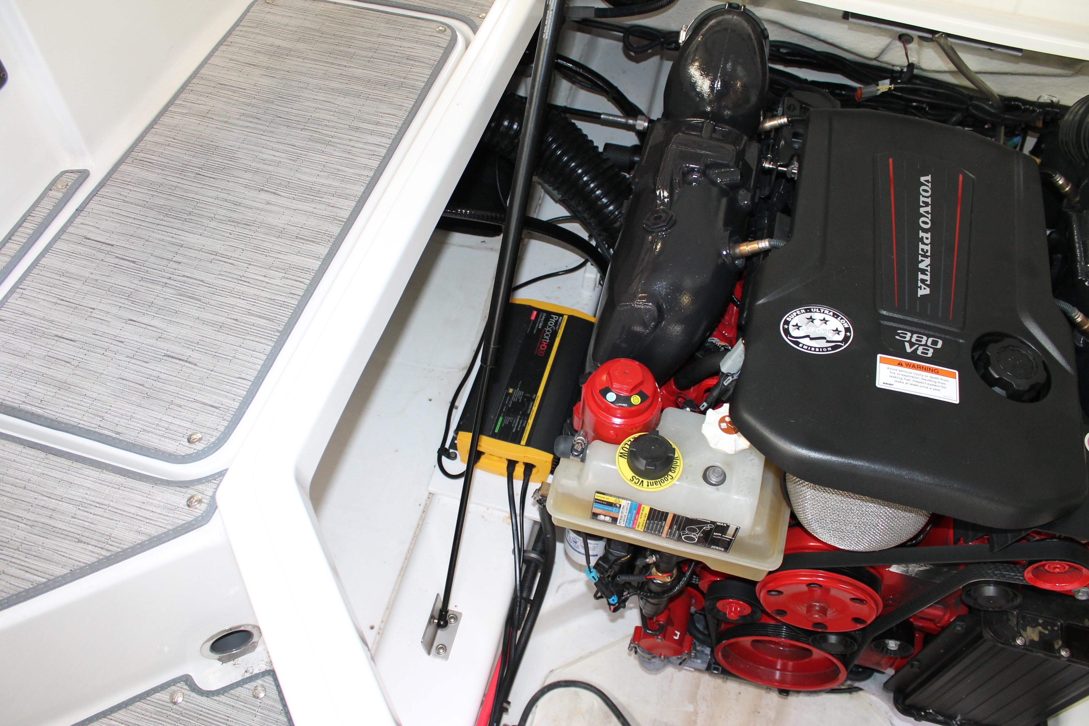 Engine compartment of 2023 Cobalt R8 featuring Volvo Penta 380 V8 engine.