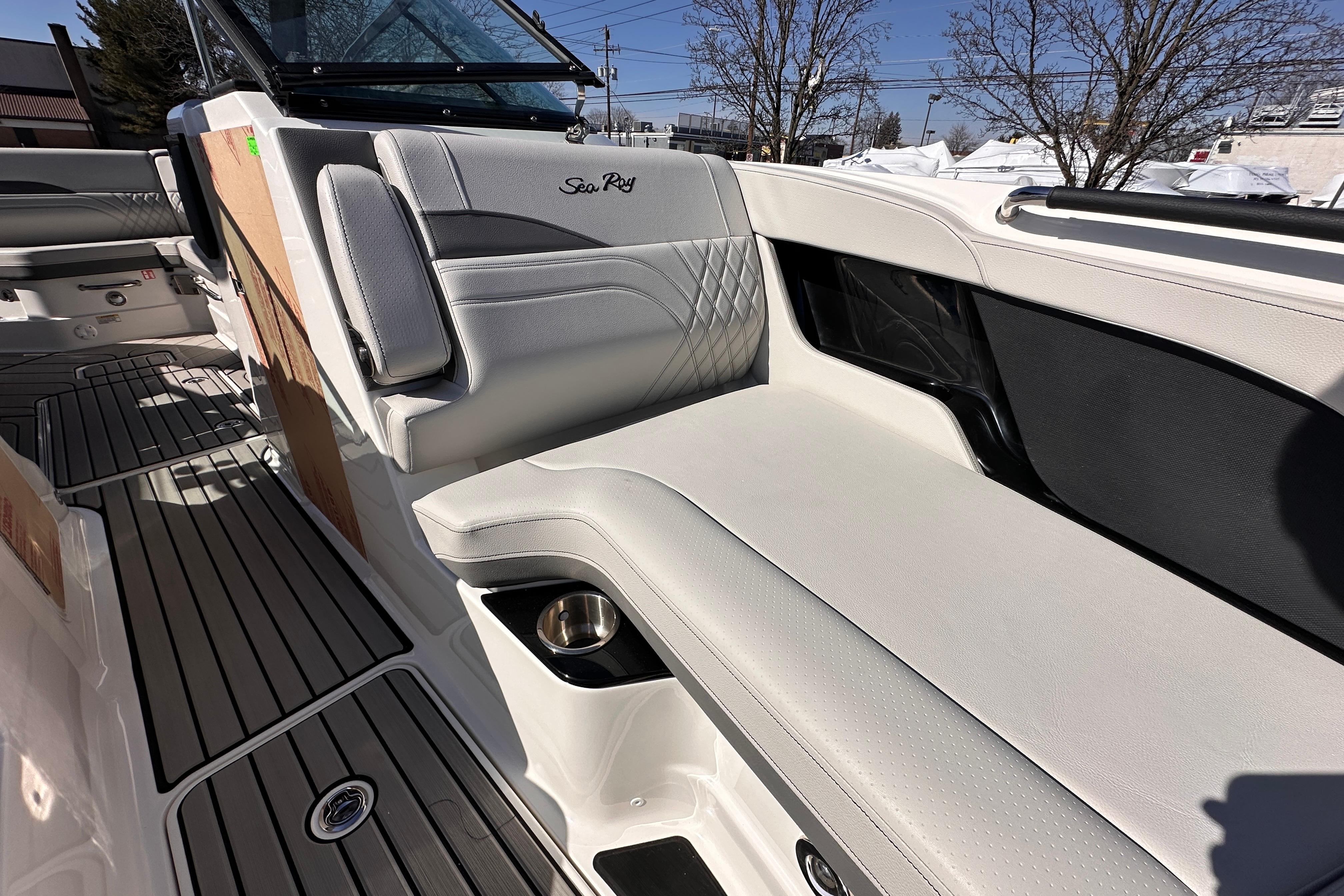 2026 Sea Ray SLX 260 Outboard boat interior with luxurious seating and sleek design.