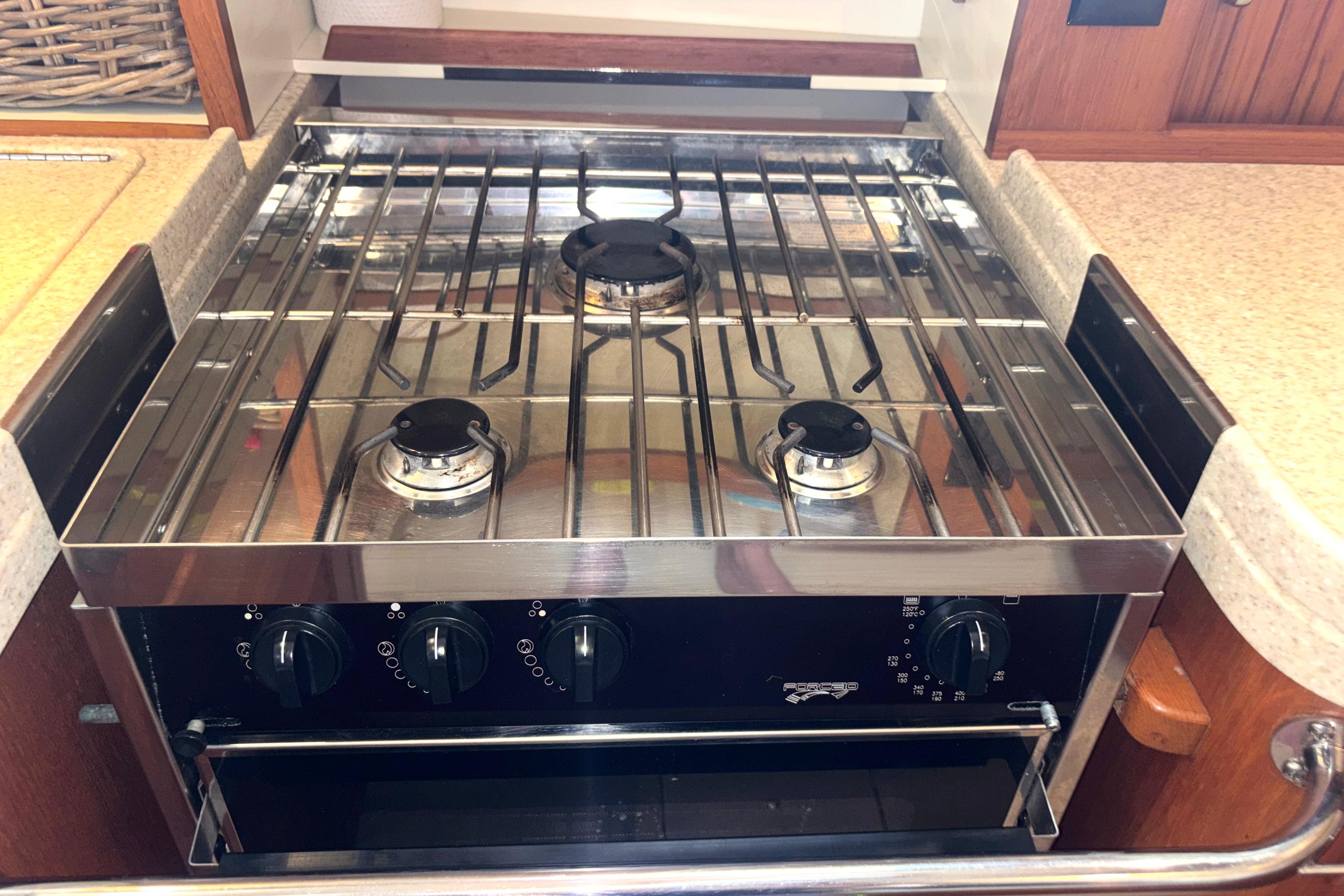 Stainless steel stove in 2006 Island Packet 440 yacht kitchen.